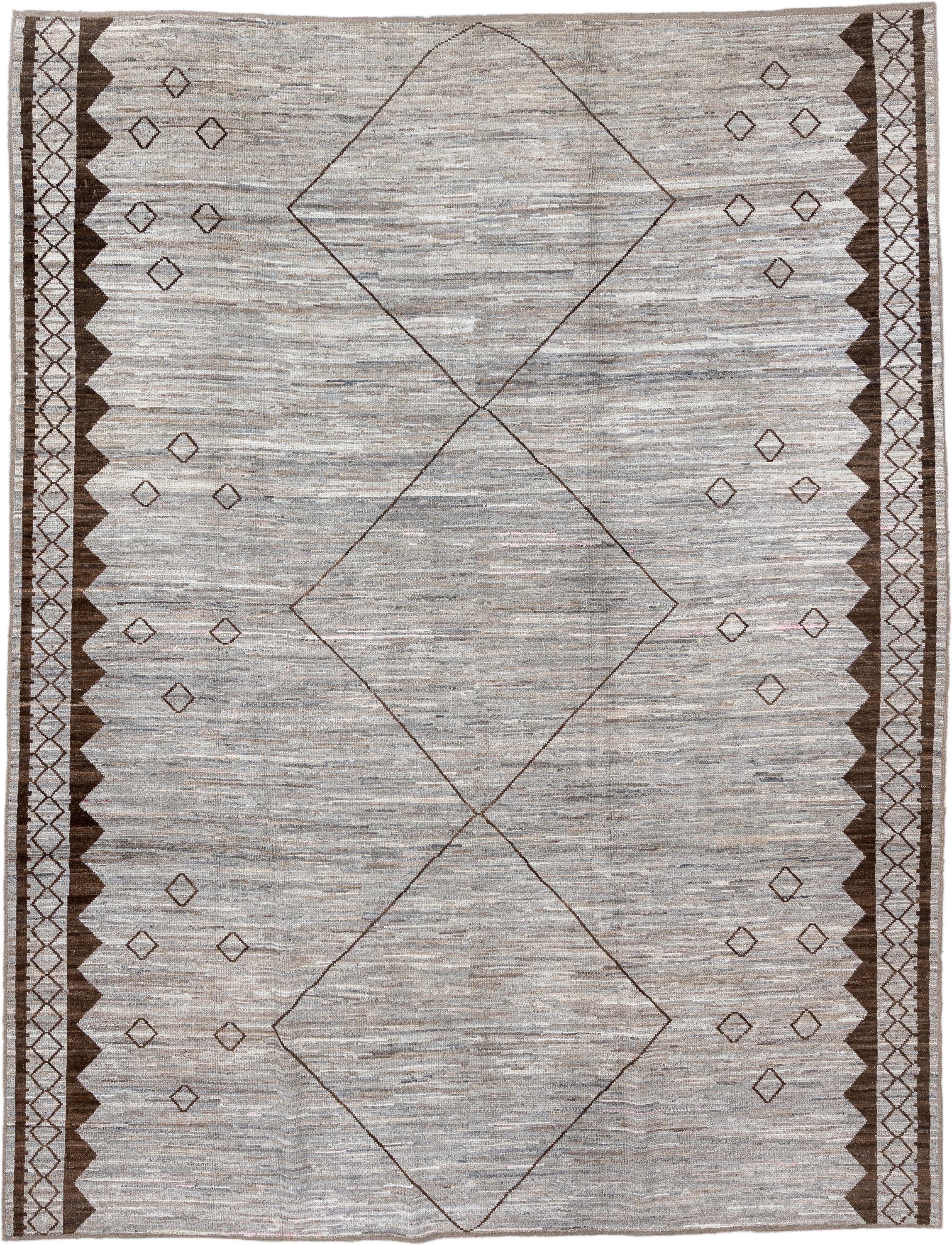 9' x 12' one-of-a-kind handmade vintage Tulu large size rug. Color palette: ivory, taupe, brown, camel, greige, beige, gray