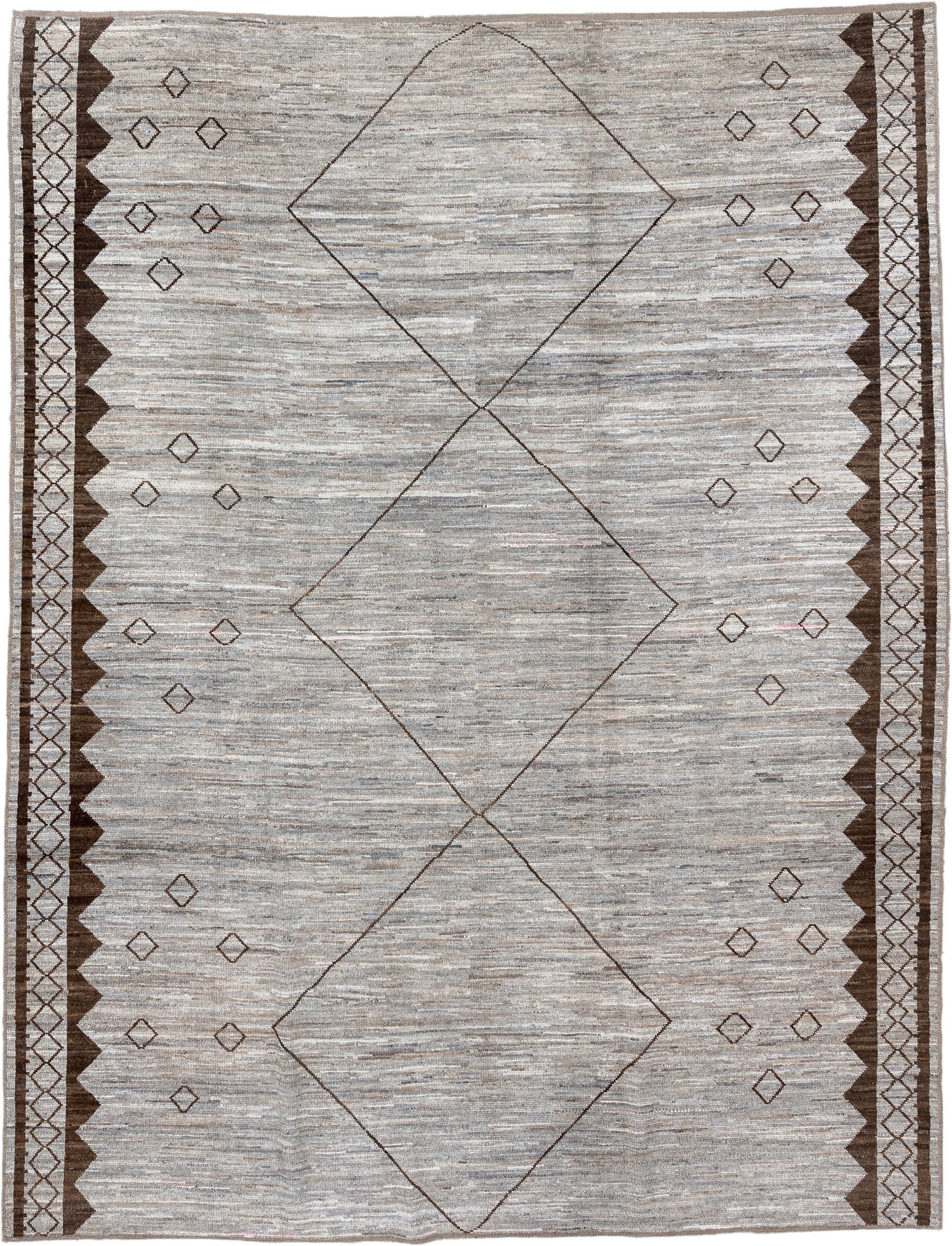 9' x 12' one-of-a-kind handmade vintage Tulu large size rug. Color palette: ivory, taupe, brown, camel, greige, beige, gray
