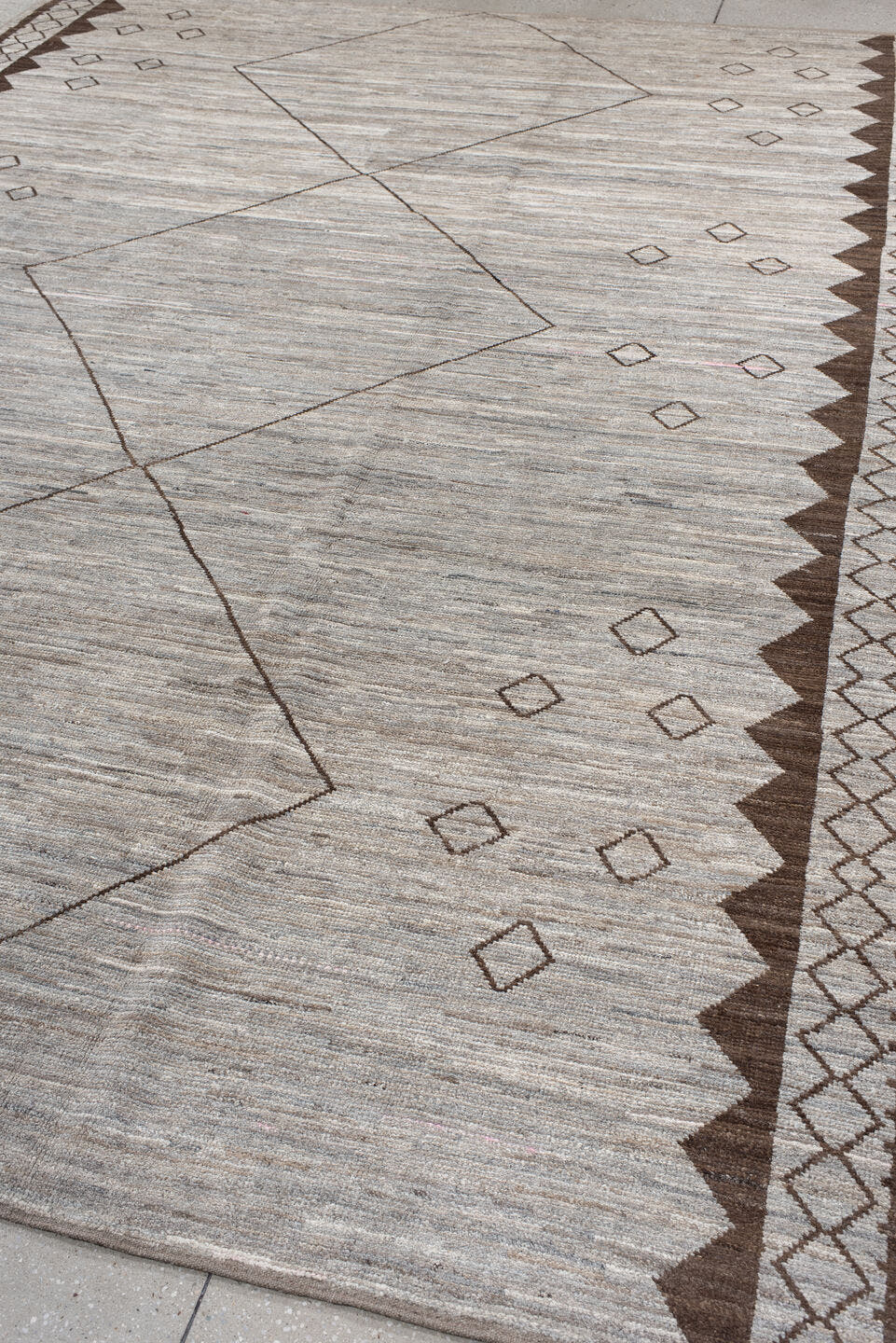 9' x 12' one-of-a-kind handmade vintage Tulu large size rug. Color palette: ivory, taupe, brown, camel, greige, beige, gray