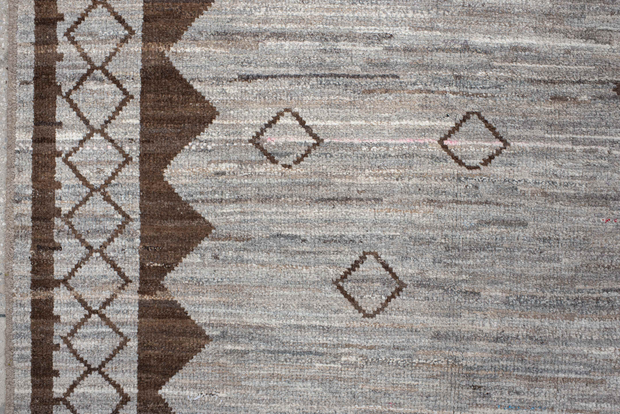 9' x 12' one-of-a-kind handmade vintage Tulu large size rug. Color palette: ivory, taupe, brown, camel, greige, beige, gray
