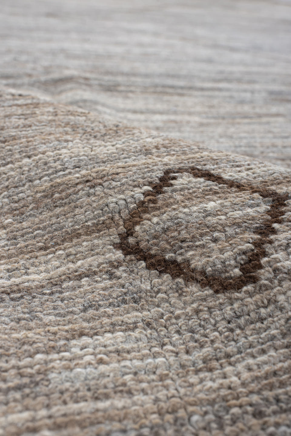 9' x 12' one-of-a-kind handmade vintage Tulu large size rug. Color palette: ivory, taupe, brown, camel, greige, beige, gray