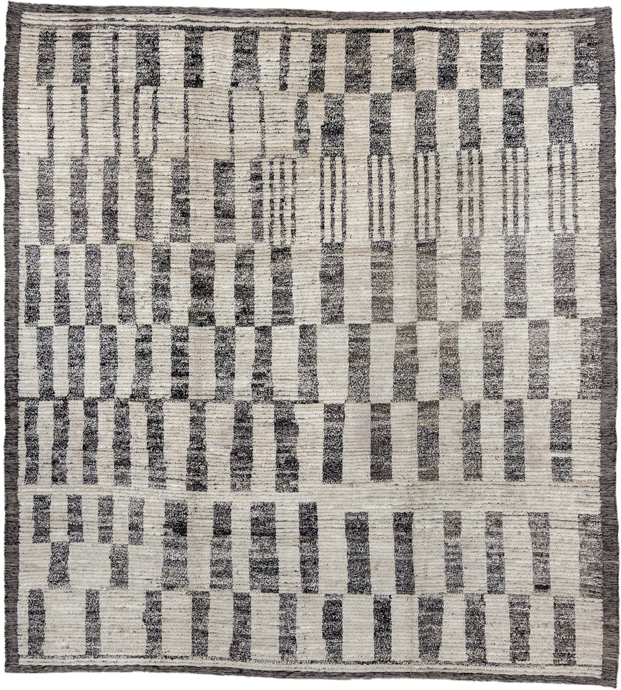 8' x 9' one-of-a-kind handmade vintage Tulu rug. Color palette: ivory, charcoal, gray, black