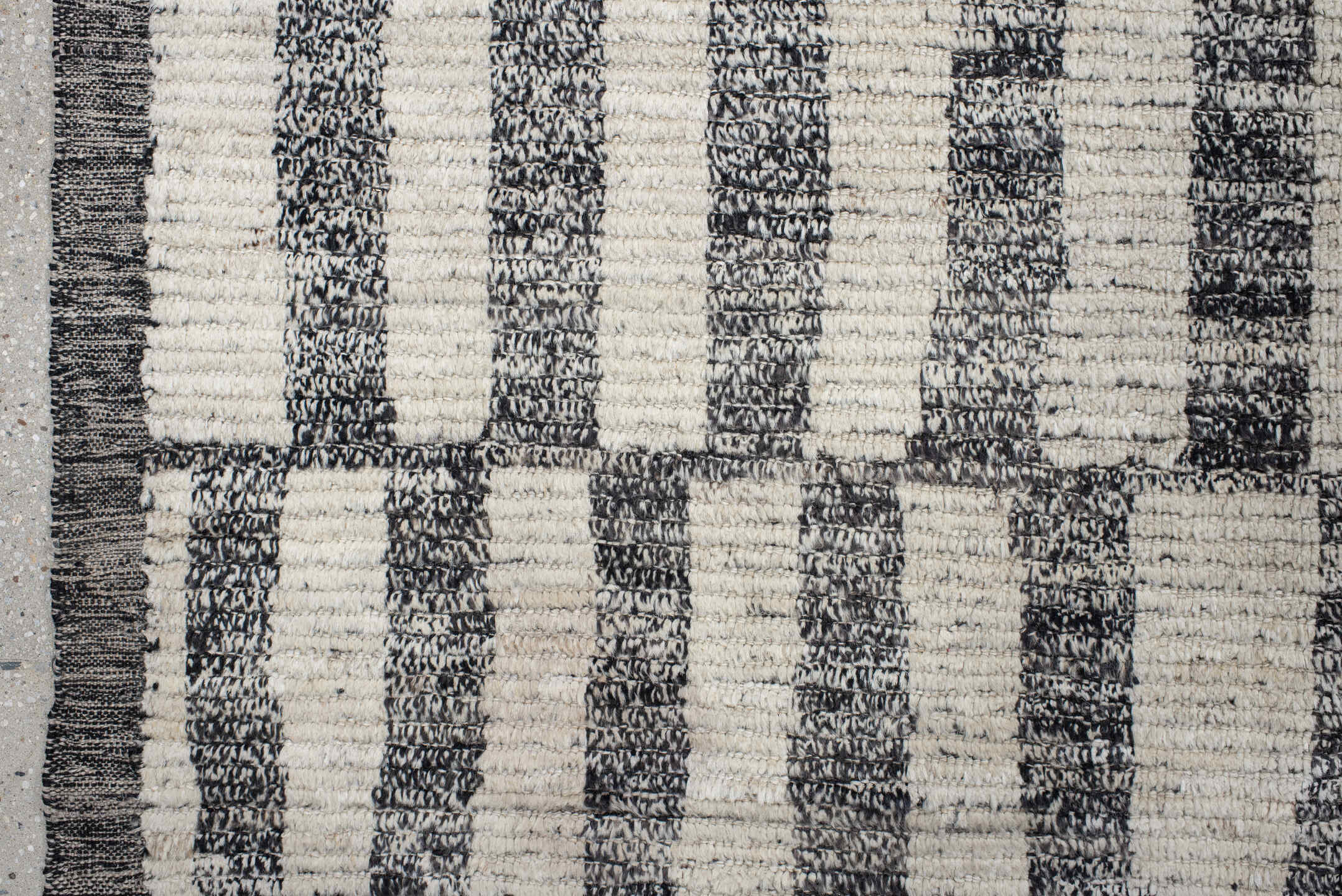 8' x 9' one-of-a-kind handmade vintage Tulu rug. Color palette: black, charcoal, dim gray, gray, light gray, linen