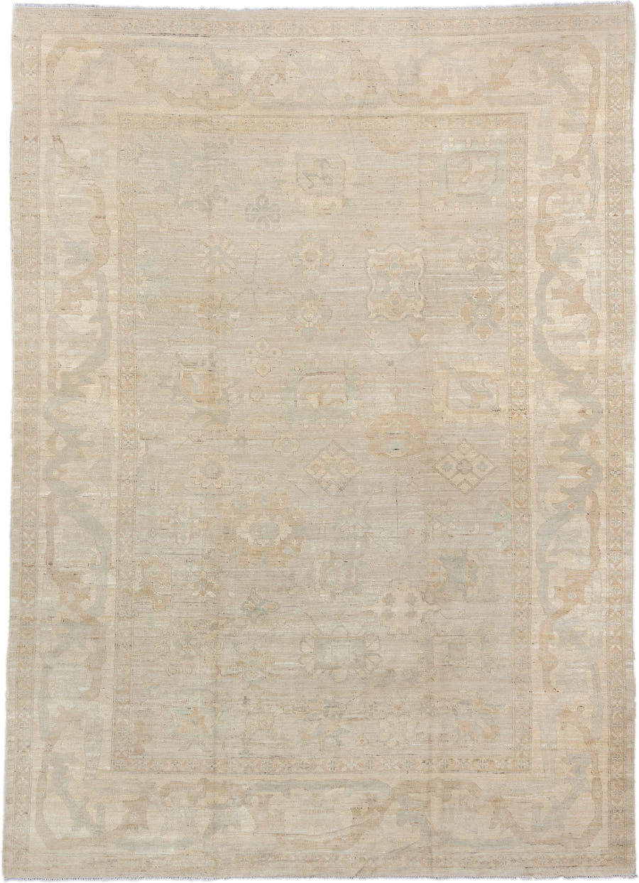 10' x 14' one-of-a-kind handmade vintage Oushak large size rug. Color palette: ivory, beige, cream, taupe, pale sage, sand