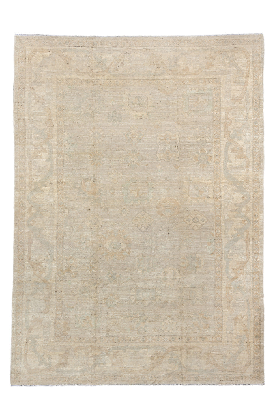 10' x 14' one-of-a-kind handmade vintage Oushak large size rug. Color palette: brown, gray, light gray, off-white, orange