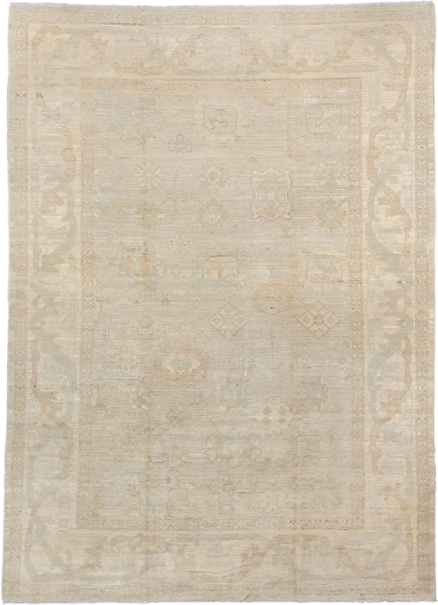 10' x 14' one-of-a-kind handmade vintage Oushak large size rug. Color palette: ivory, beige, cream, taupe, pale sage, sand
