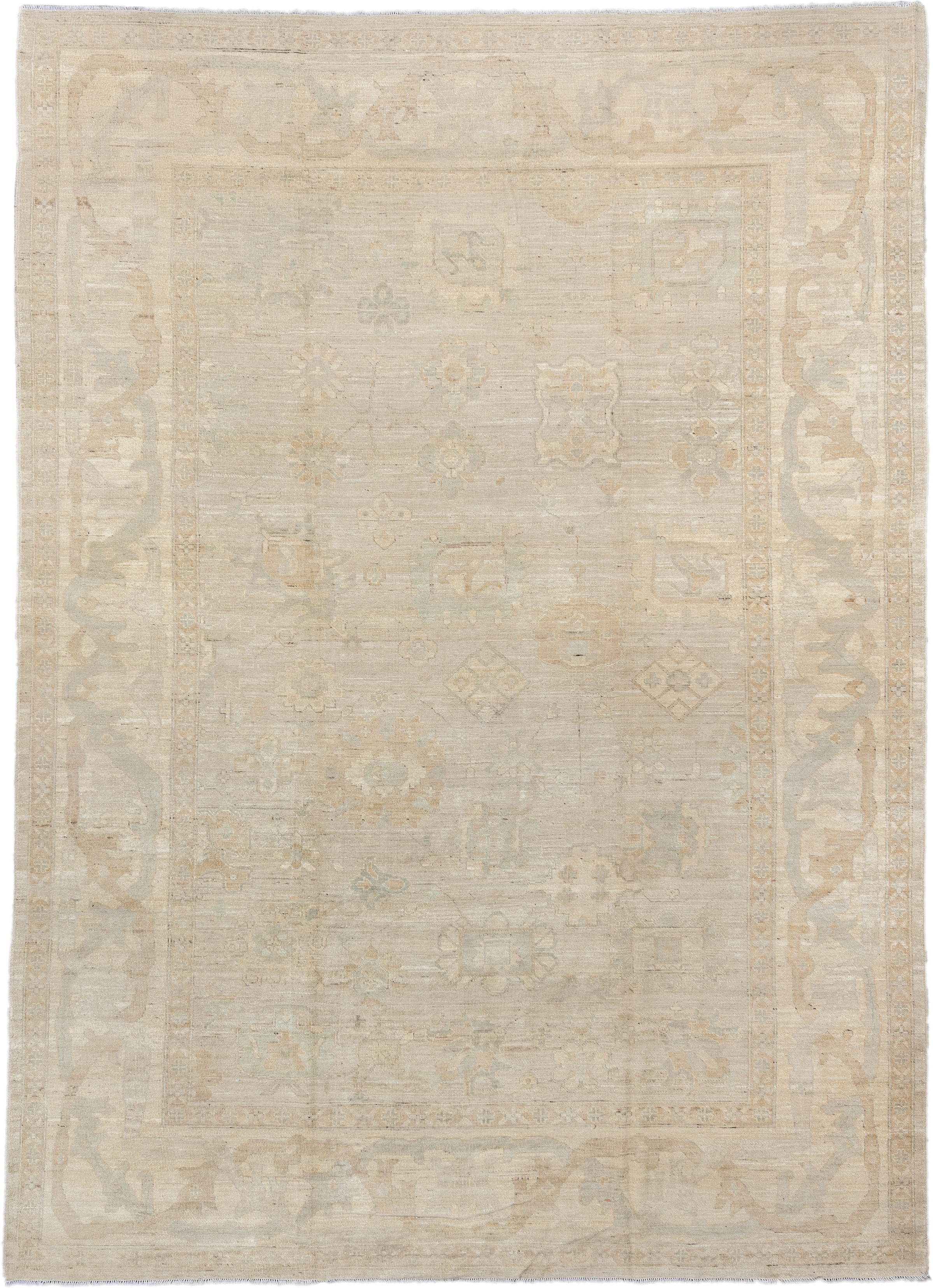 10' x 14' one-of-a-kind handmade vintage Oushak large size rug. Color palette: ivory, beige, cream, taupe, pale sage, sand