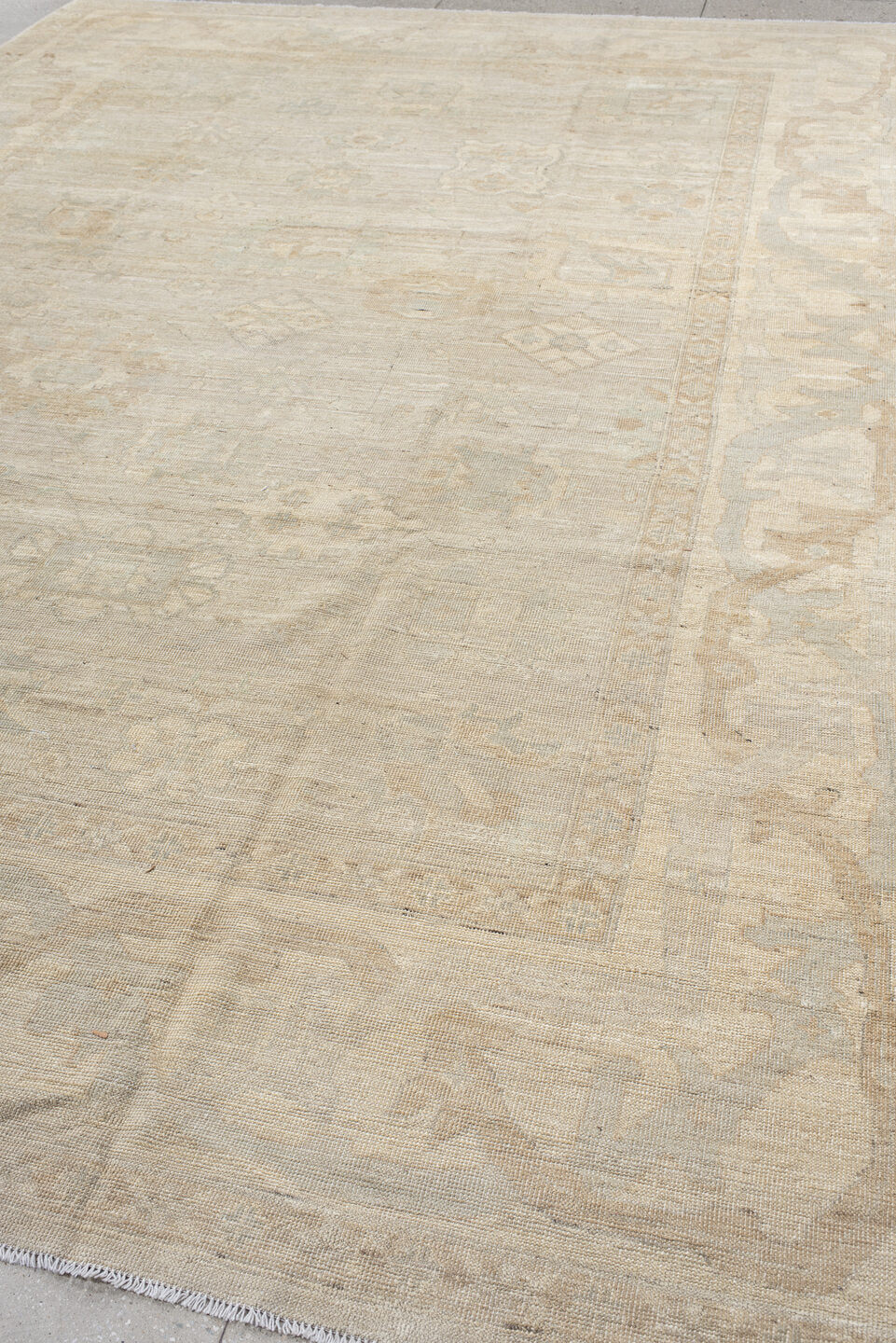 10' x 14' one-of-a-kind handmade vintage Oushak large size rug. Color palette: ivory, beige, cream, taupe, pale sage, sand