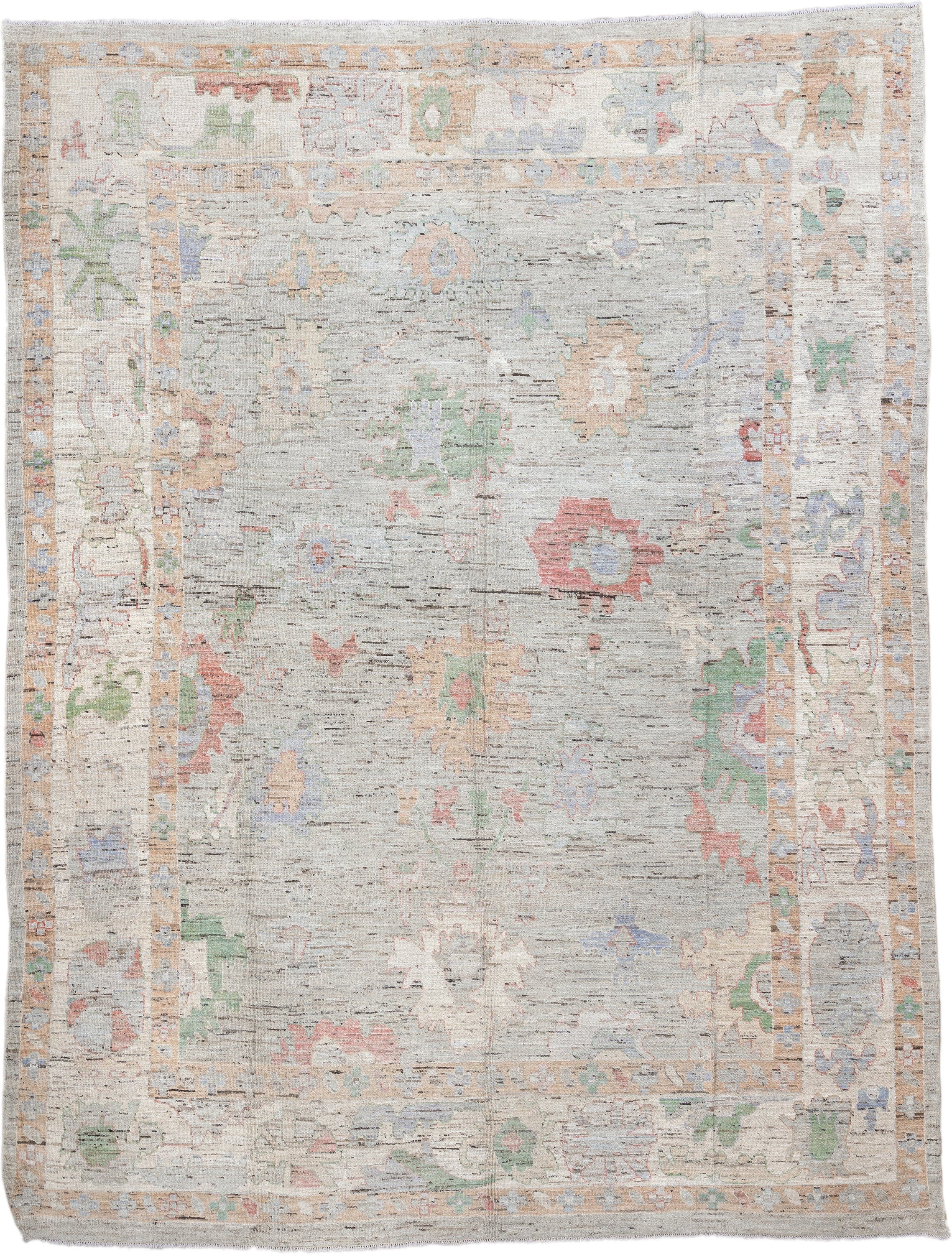 12' x 15' one-of-a-kind handmade vintage Oushak oversize rug. Color palette: light gray, ivory, blush, sage, muted blue
