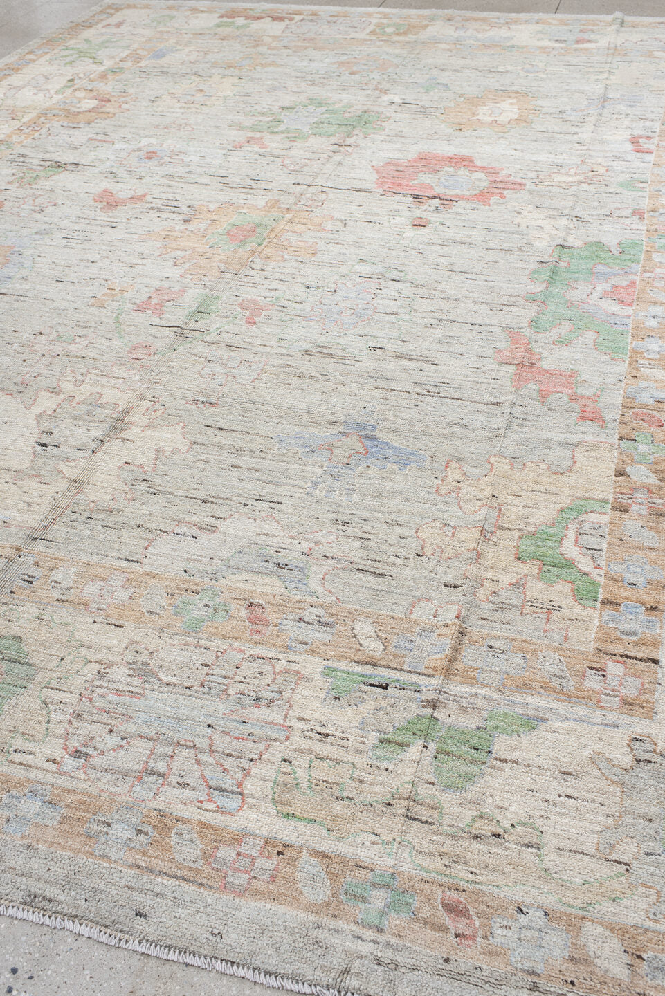 12' x 15' one-of-a-kind handmade vintage Oushak oversize rug. Color palette: light gray, ivory, blush, sage, muted blue