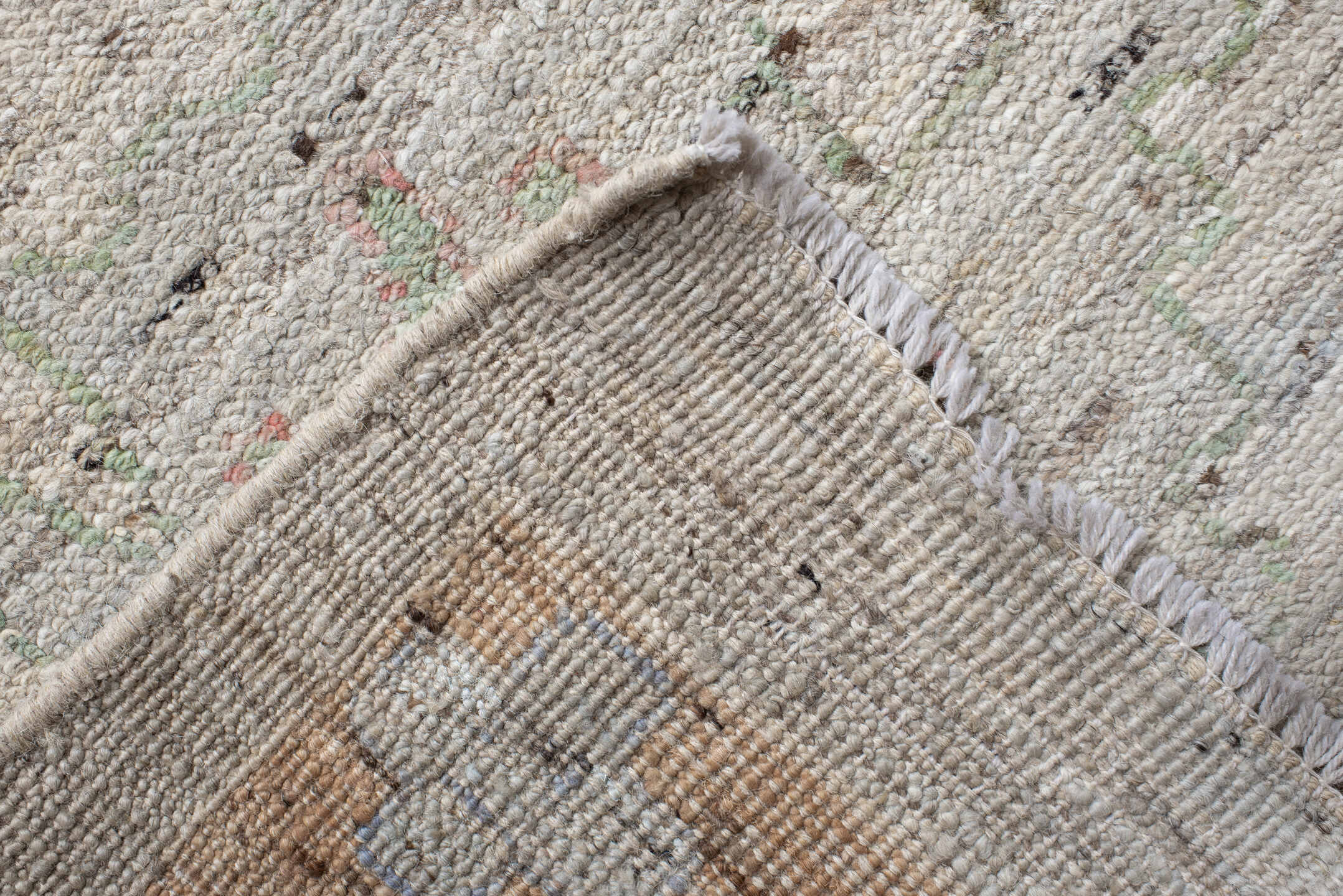12' x 15' one-of-a-kind handmade vintage Oushak oversize rug. Color palette: light gray, ivory, blush, sage, muted blue