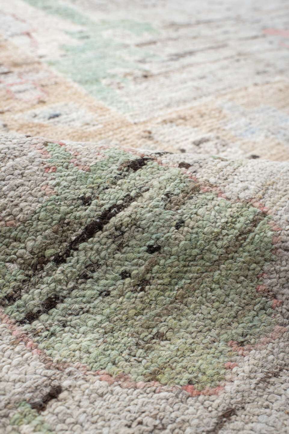 12' x 15' one-of-a-kind handmade vintage Oushak oversize rug. Color palette: light gray, ivory, blush, sage, muted blue