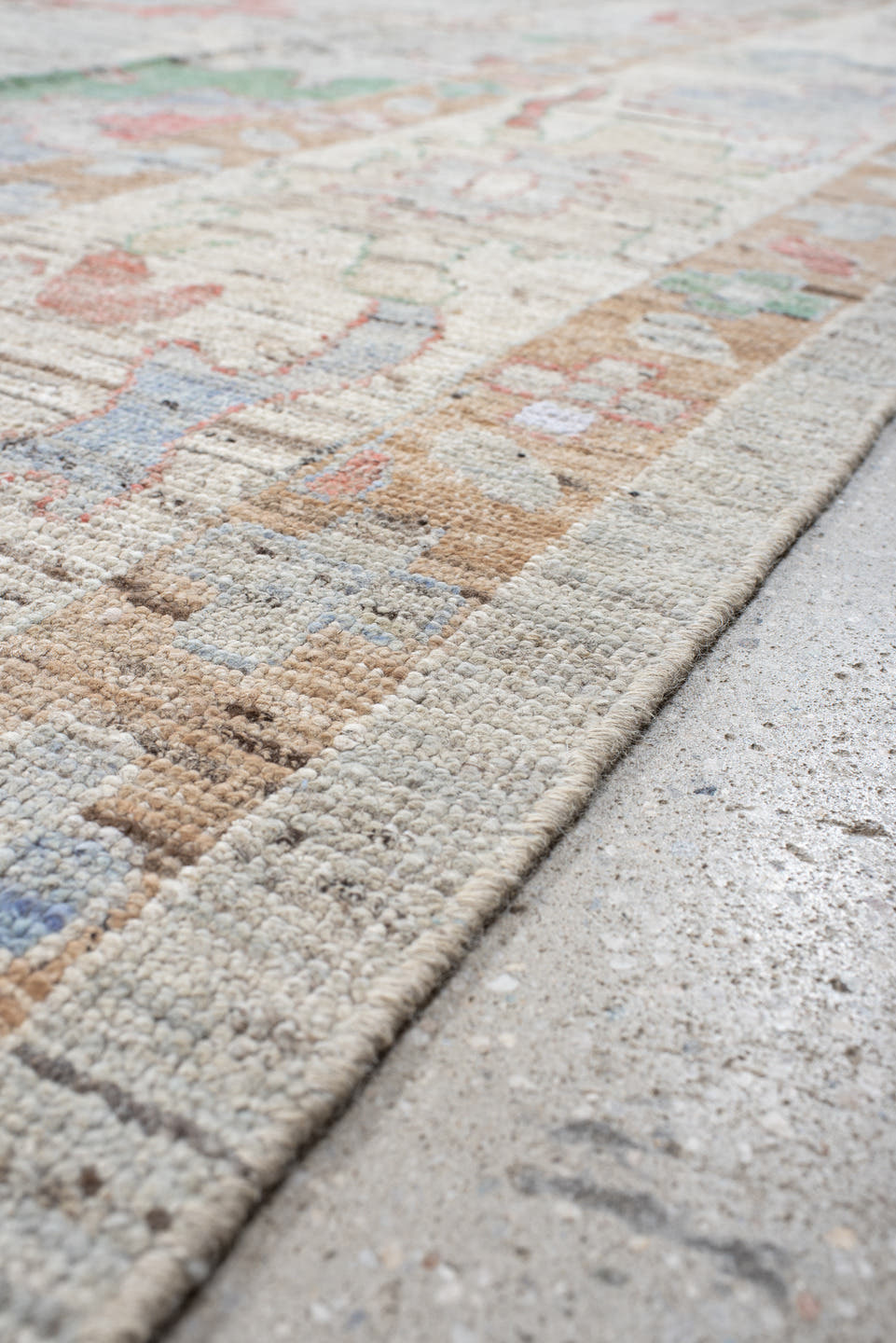 12' x 15' one-of-a-kind handmade vintage Oushak oversize rug. Color palette: light gray, ivory, blush, sage, muted blue