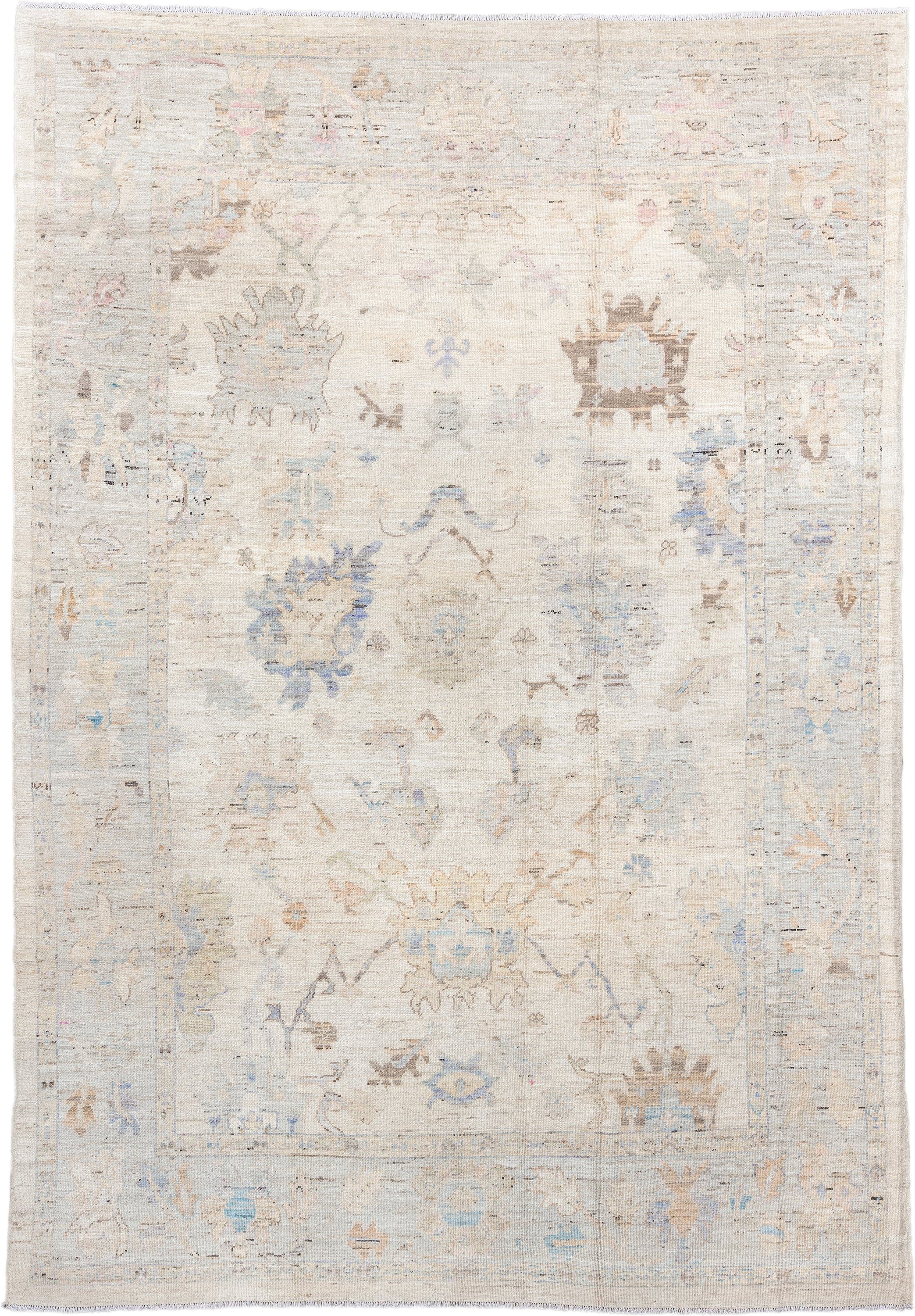 9' x 14' one-of-a-kind handmade vintage Oushak large size rug. Color palette: ivory, pale blue, taupe, beige, blush, camel