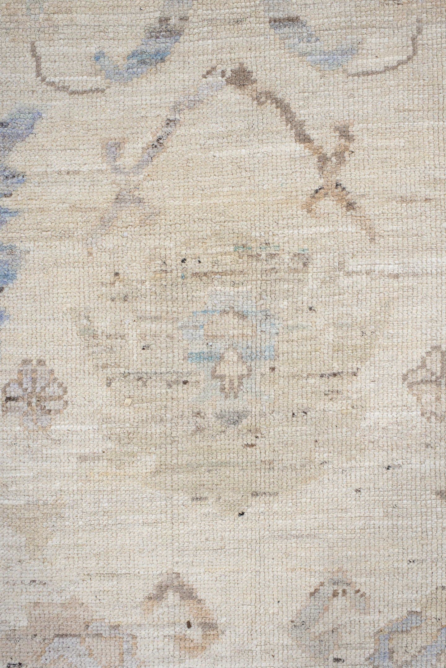 9' x 14' one-of-a-kind handmade vintage Oushak large size rug. Color palette: ivory, pale blue, taupe, beige, blush, camel