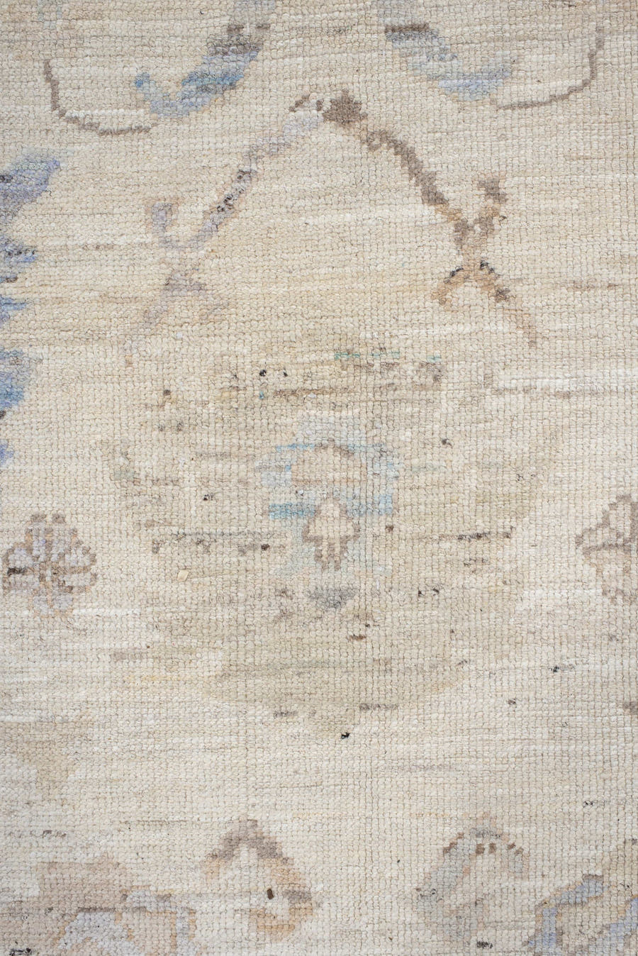 9' x 14' one-of-a-kind handmade vintage Oushak large size rug. Color palette: ivory, pale blue, taupe, beige, blush, camel