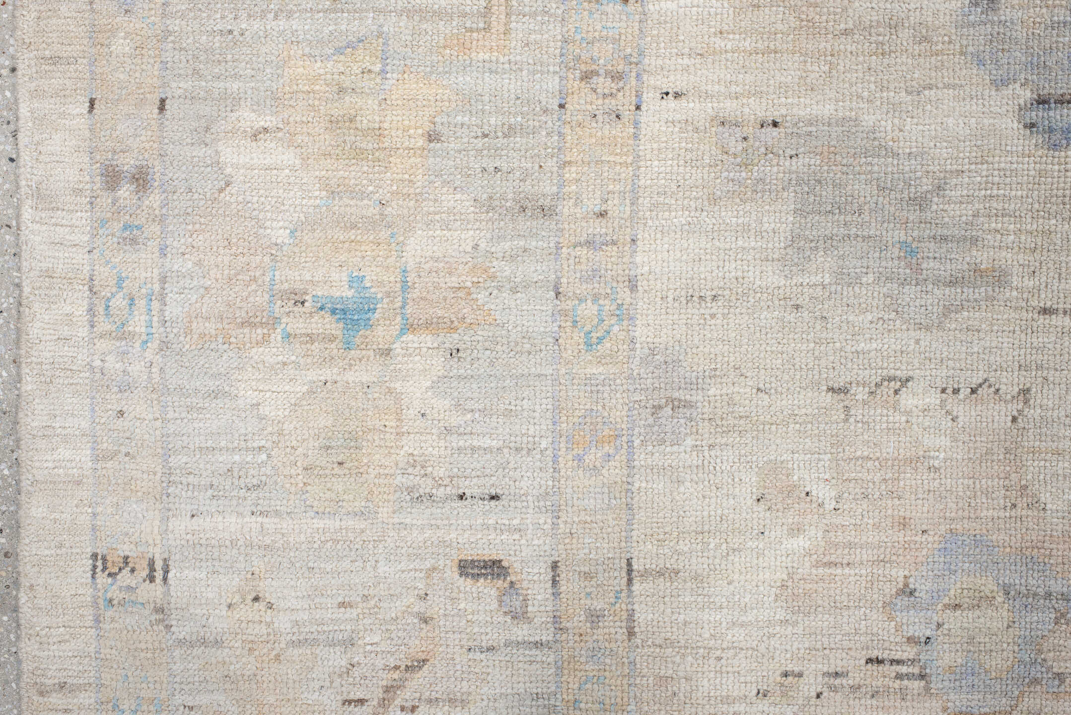 9' x 14' one-of-a-kind handmade vintage Oushak large size rug. Color palette: ivory, pale blue, taupe, beige, blush, camel