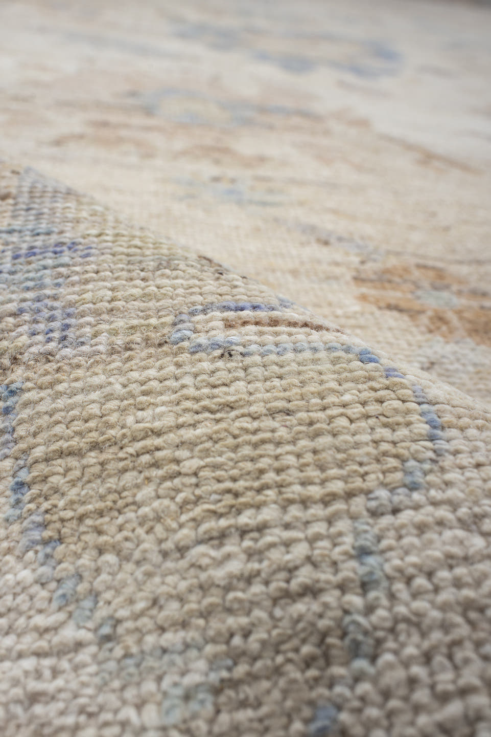 9' x 14' one-of-a-kind handmade vintage Oushak large size rug. Color palette: ivory, pale blue, taupe, beige, blush, camel
