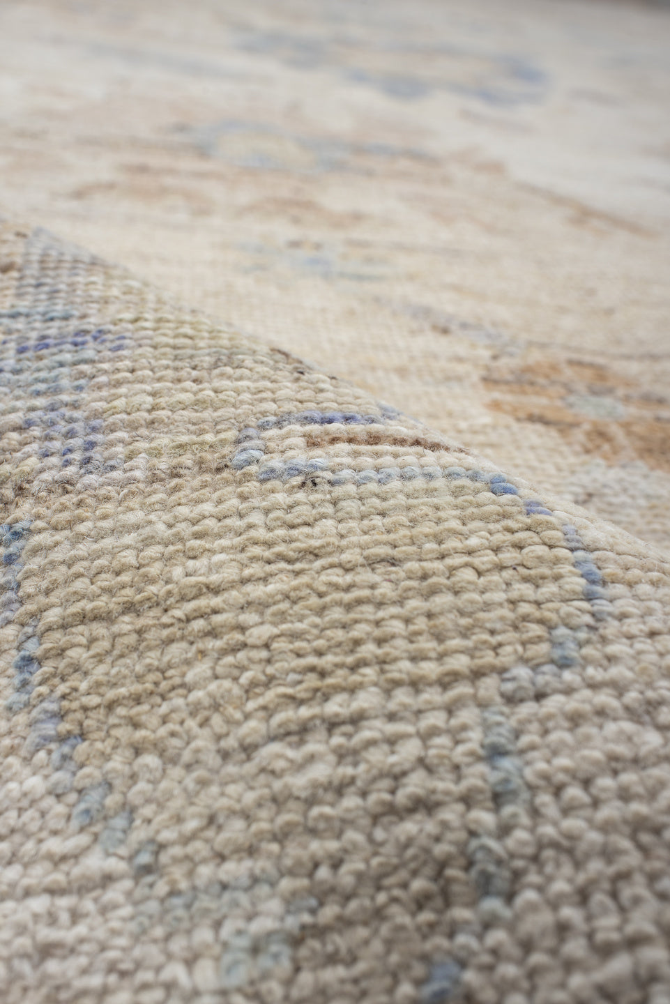 9' x 14' one-of-a-kind handmade vintage Oushak large size rug. Color palette: ivory, pale blue, taupe, beige, blush, camel