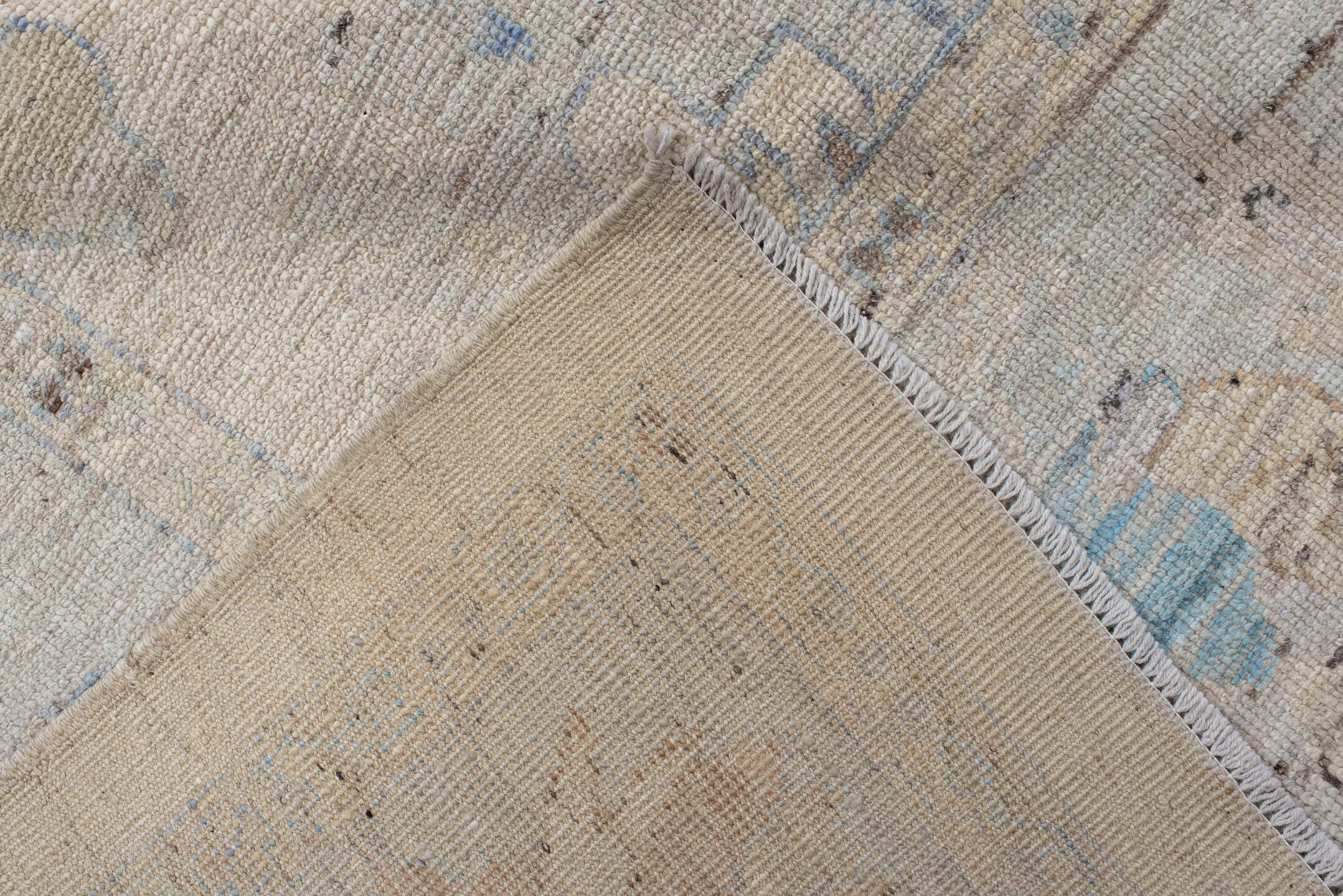 9' x 14' one-of-a-kind handmade vintage Oushak large size rug. Color palette: ivory, pale blue, taupe, beige, blush, camel