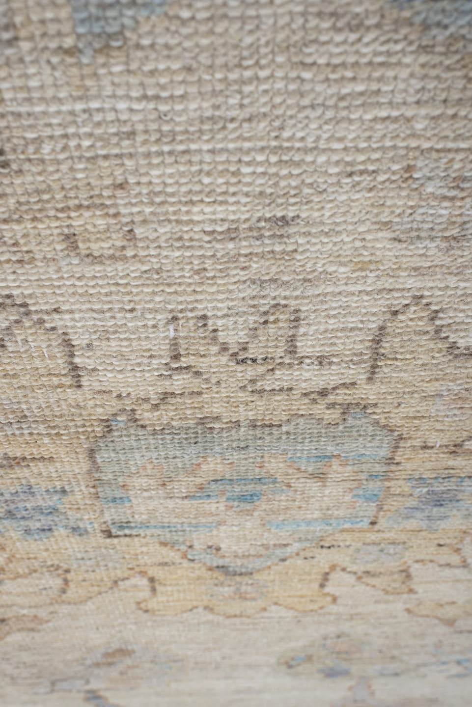 9' x 14' one-of-a-kind handmade vintage Oushak large size rug. Color palette: ivory, pale blue, taupe, beige, blush, camel