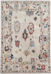 5' x 7' one-of-a-kind handmade vintage Oushak rug. Color palette: ivory, sky blue, rust, navy, taupe, brown, camel