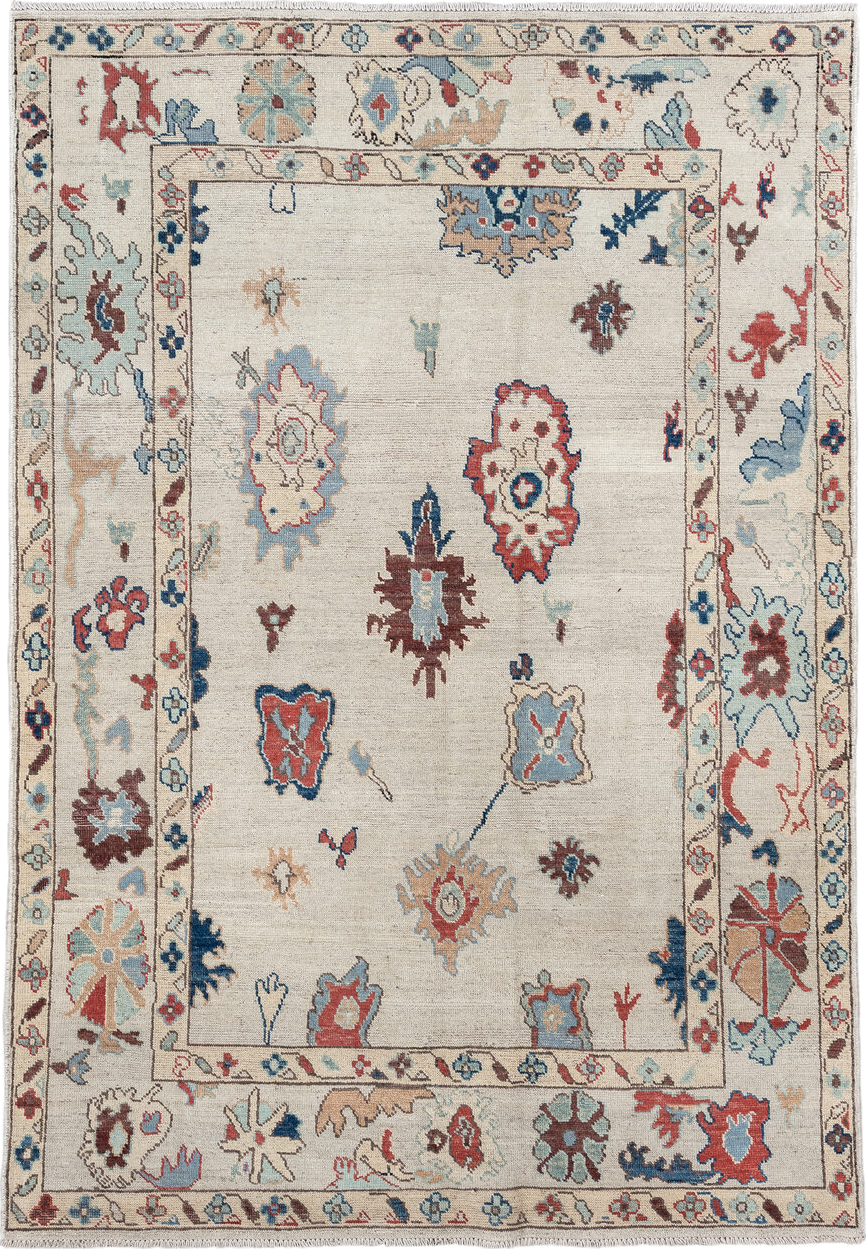5' x 7' one-of-a-kind handmade vintage Oushak rug. Color palette: ivory, sky blue, rust, navy, taupe, brown, camel