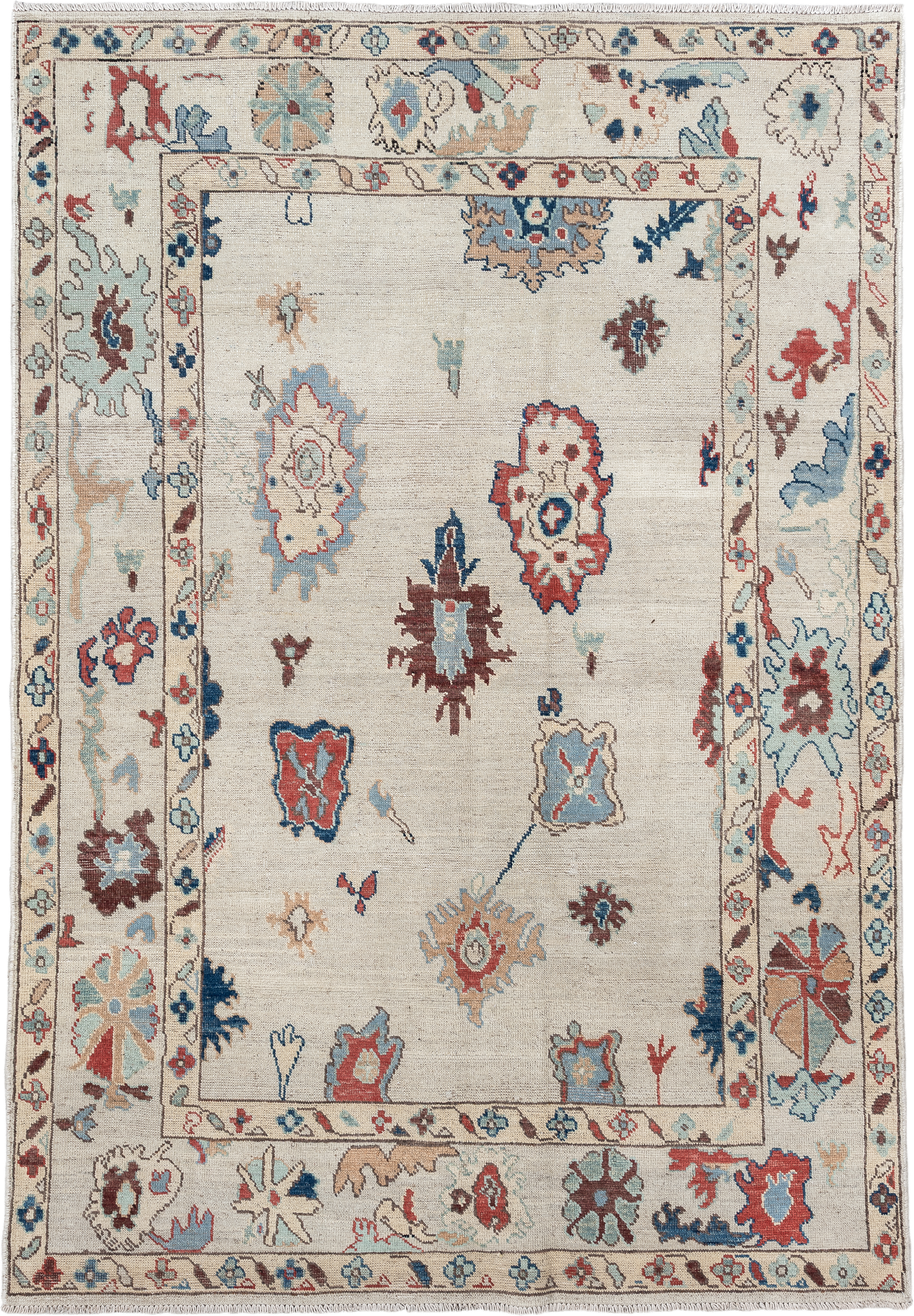 5' x 7' one-of-a-kind handmade vintage Oushak rug. Color palette: ivory, sky blue, rust, navy, taupe, brown, camel