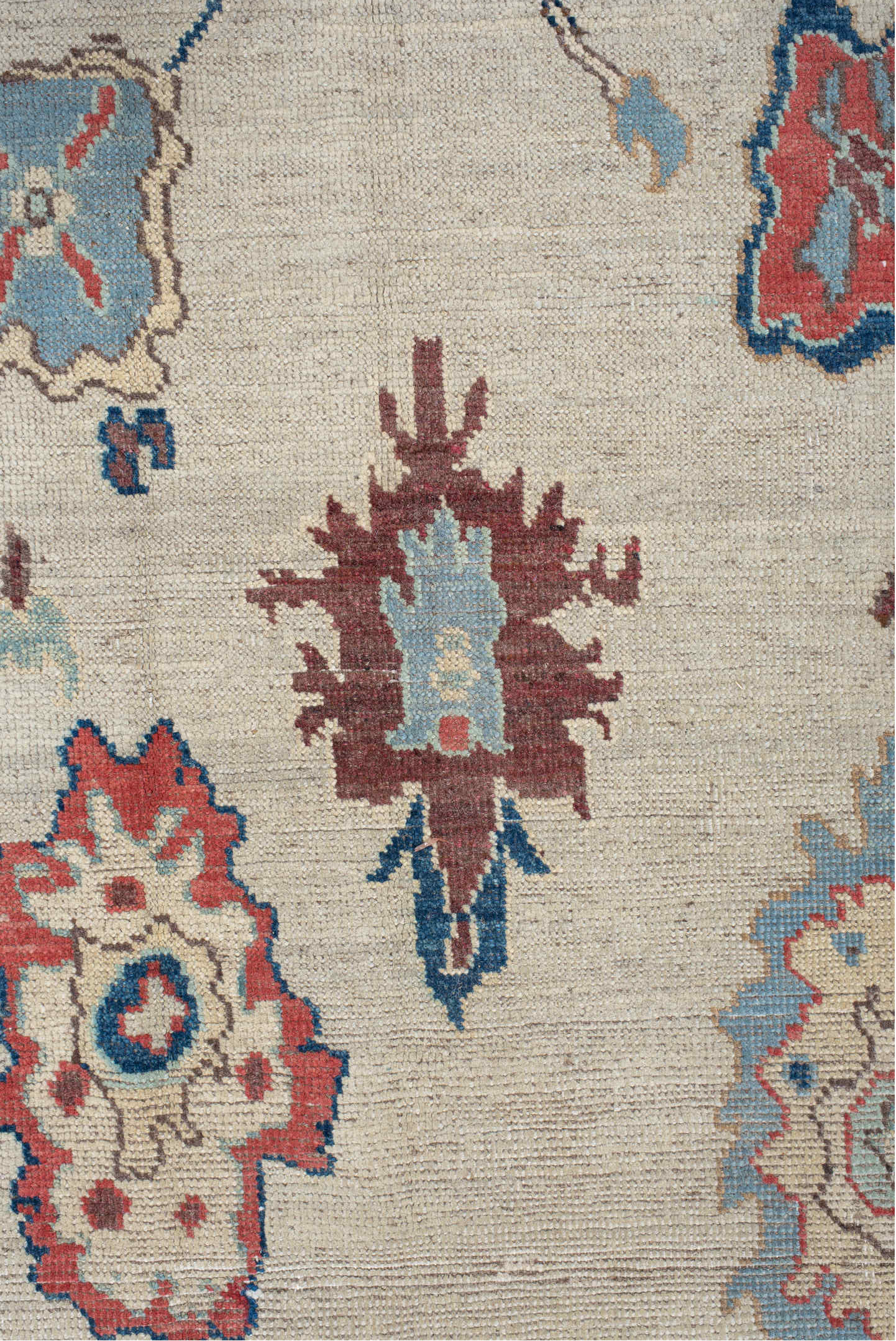 5' x 7' one-of-a-kind handmade vintage Oushak rug. Color palette: ivory, sky blue, rust, navy, taupe, brown, camel