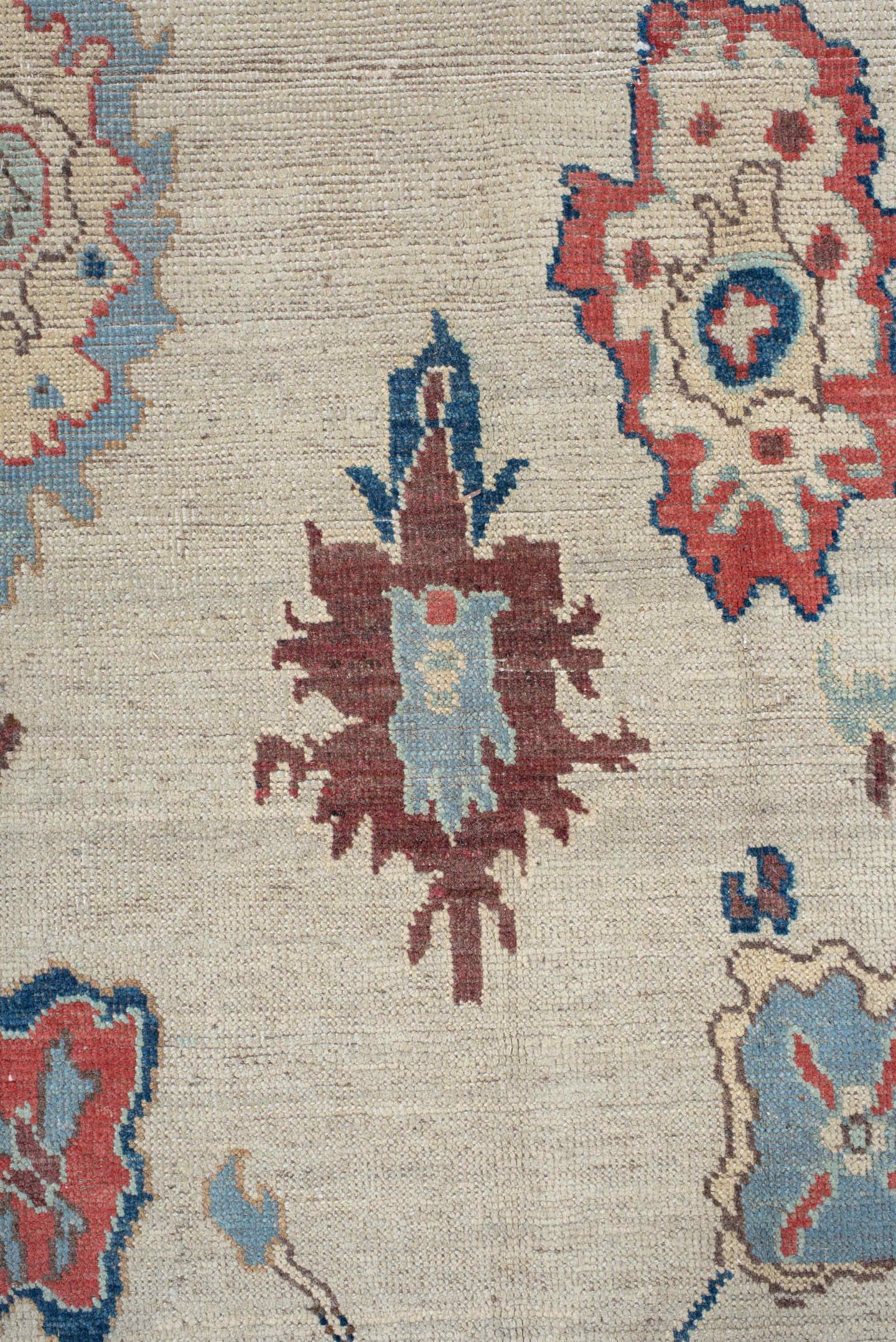 5' x 7' one-of-a-kind handmade vintage Oushak rug. Color palette: ivory, sky blue, rust, navy, taupe, brown, camel