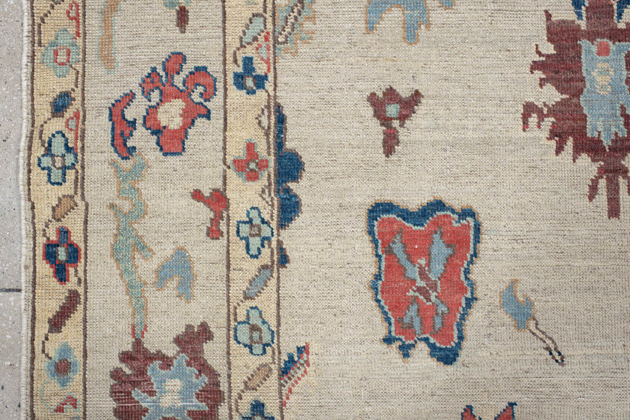 5' x 7' one-of-a-kind handmade vintage Oushak rug. Color palette: ivory, sky blue, rust, navy, taupe, brown, camel