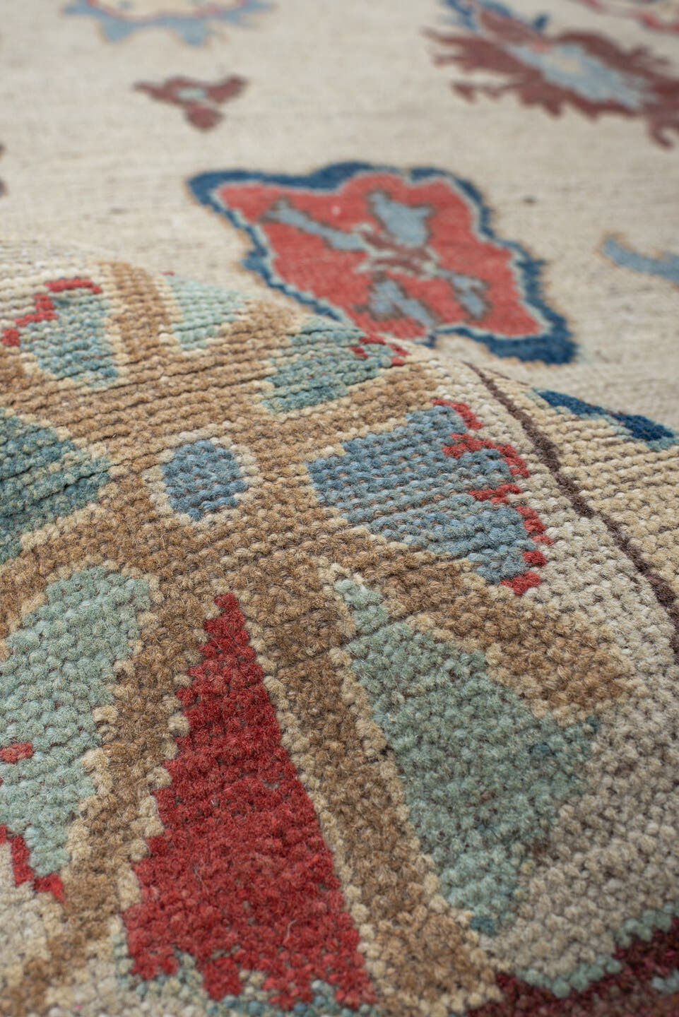 5' x 7' one-of-a-kind handmade vintage Oushak rug. Color palette: ivory, sky blue, rust, navy, taupe, brown, camel