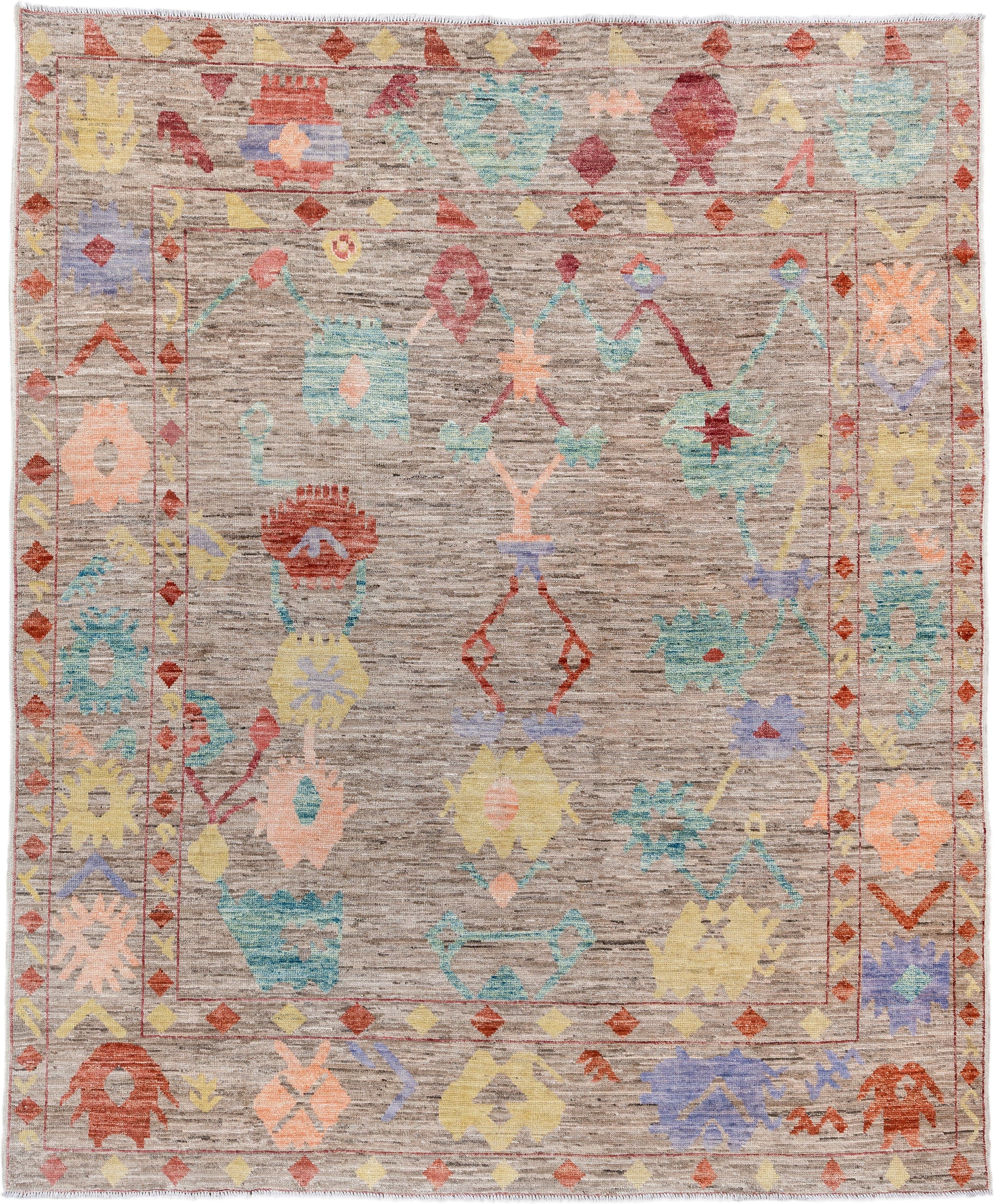 8' x 9' one-of-a-kind handmade vintage Oushak rug. Color palette: taupe, aqua, rust, pale yellow, peach, lavender, ivory
