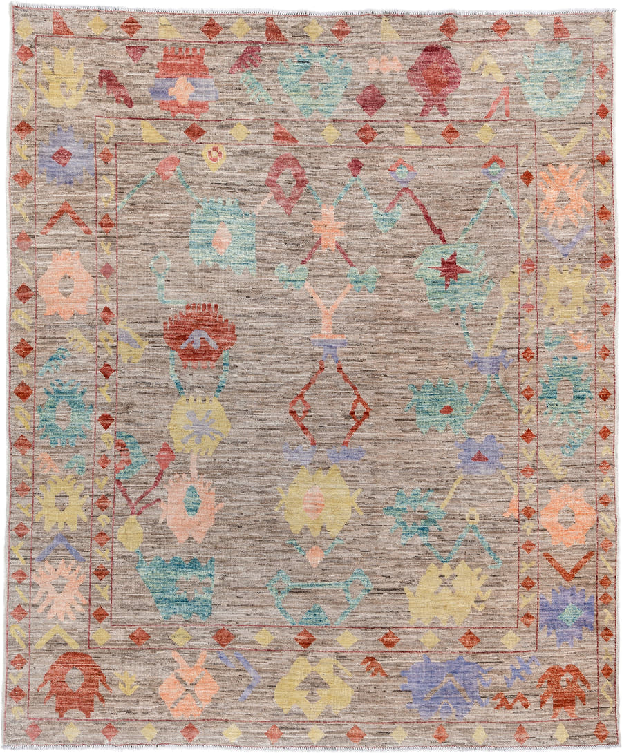8' x 9' one-of-a-kind handmade vintage Oushak rug. Color palette: taupe, aqua, rust, pale yellow, peach, lavender, ivory