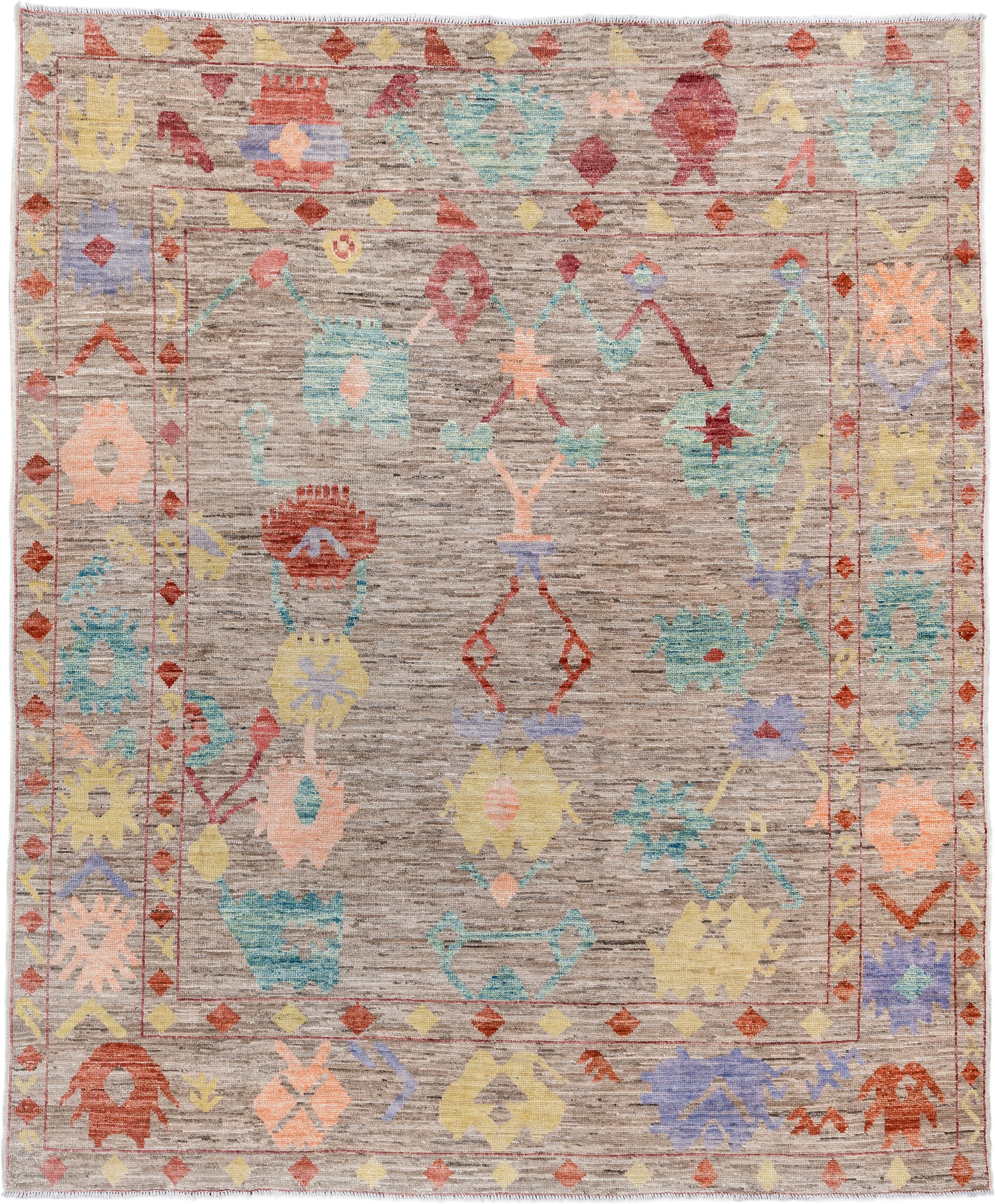 8' x 9' one-of-a-kind handmade vintage Oushak rug. Color palette: taupe, aqua, rust, pale yellow, peach, lavender, ivory