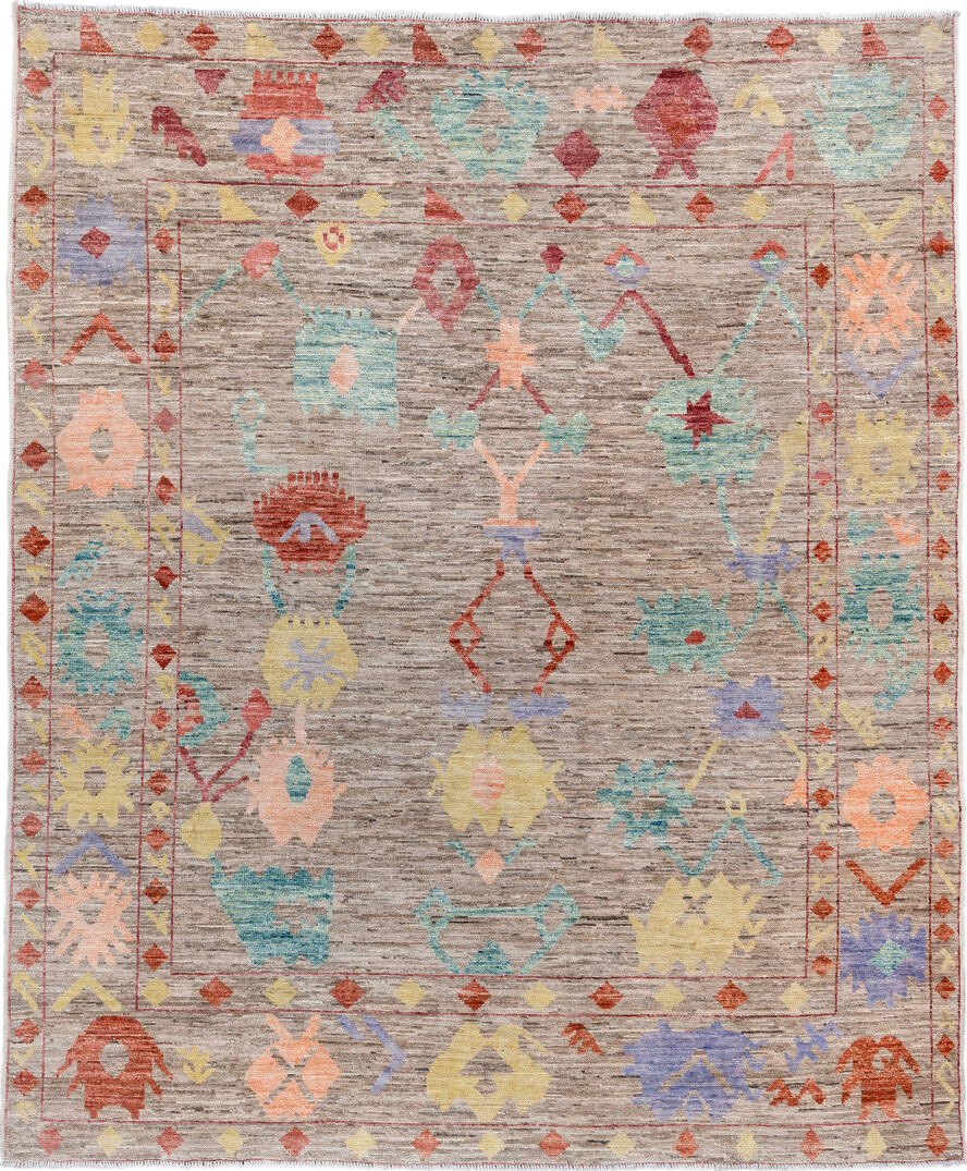 8' x 9' one-of-a-kind handmade vintage Oushak rug. Color palette: taupe, aqua, rust, pale yellow, peach, lavender, ivory