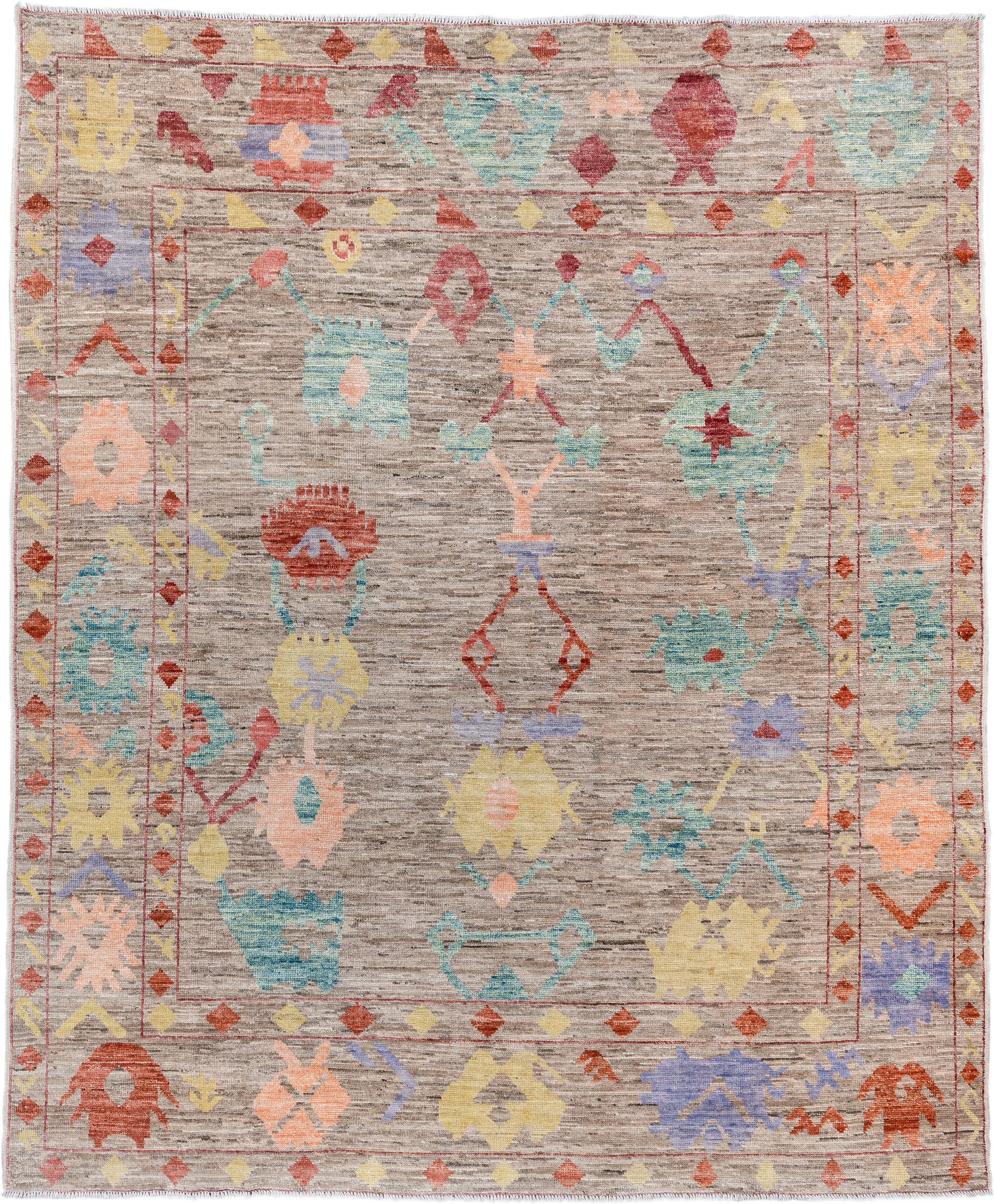 8' x 9' one-of-a-kind handmade vintage Oushak rug. Color palette: taupe, aqua, rust, pale yellow, peach, lavender, ivory