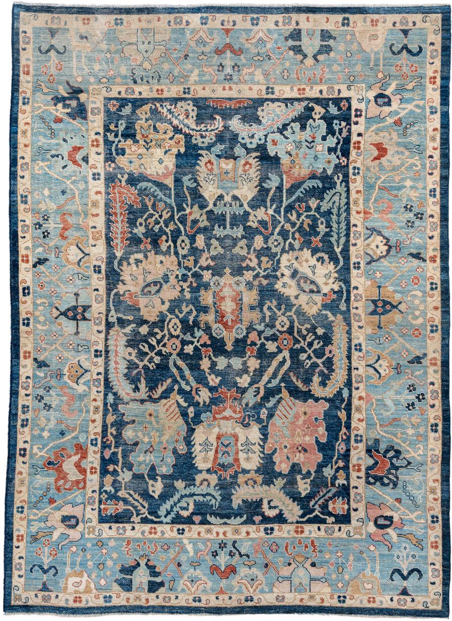 9' x 13' one-of-a-kind handmade vintage Oushak large size rug. Color palette: sky blue, navy, ivory, rust, cream, slate