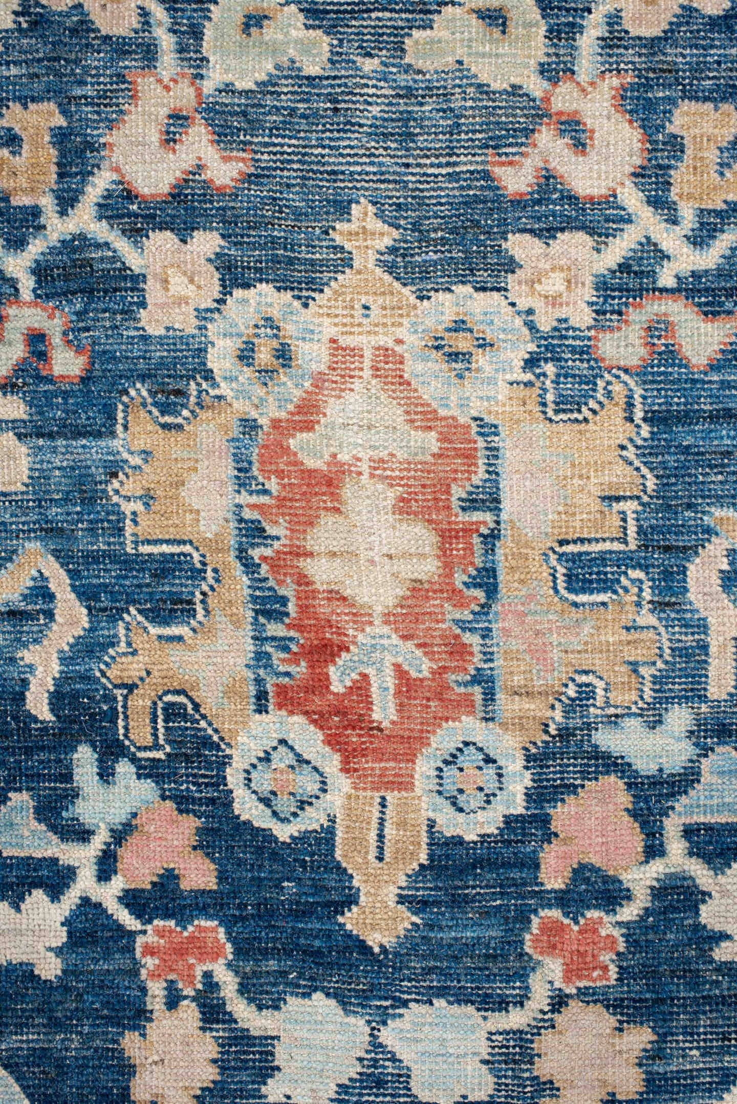9' x 13' one-of-a-kind handmade vintage Oushak large size rug. Color palette: sky blue, navy, ivory, rust, cream, slate