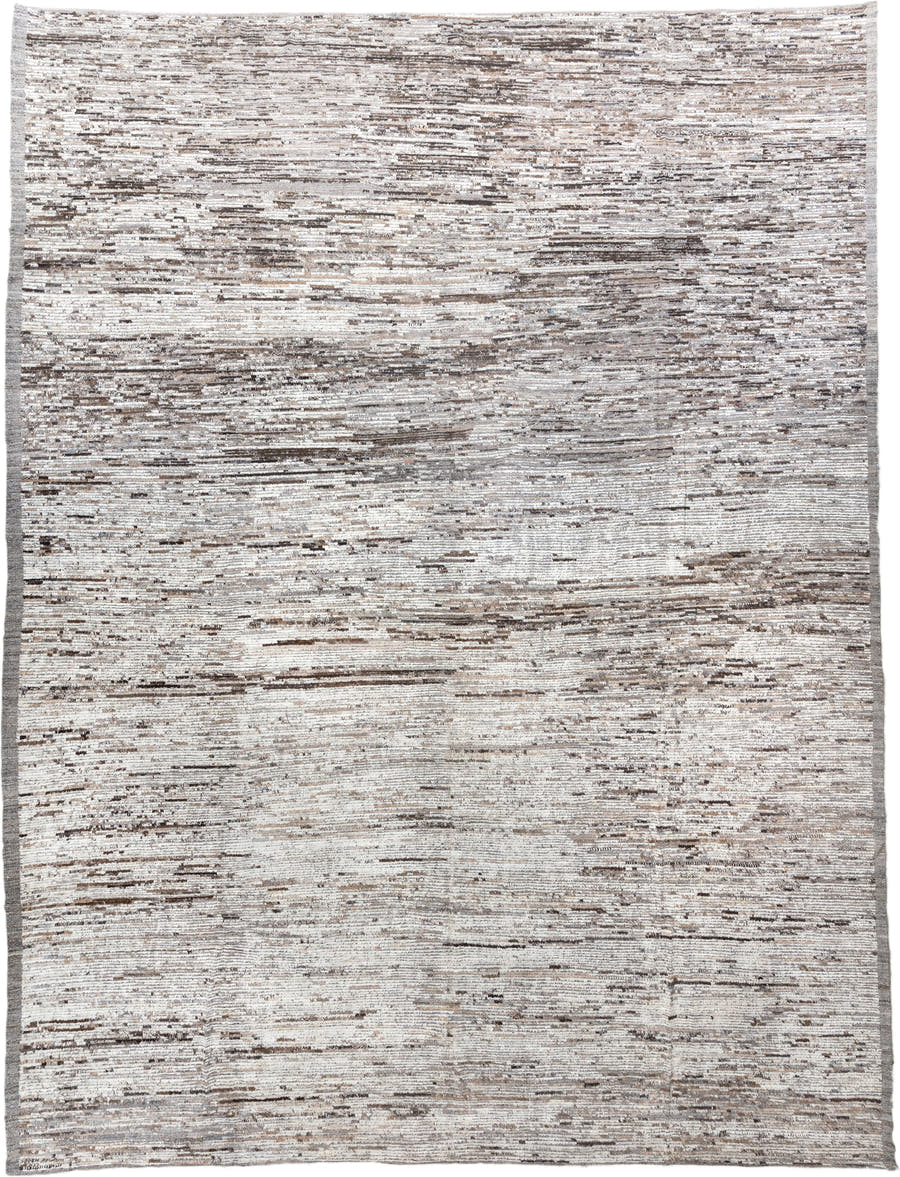 14' x 19' one-of-a-kind handmade vintage Tulu oversize rug. Color palette: ivory, taupe, brown, beige, gray