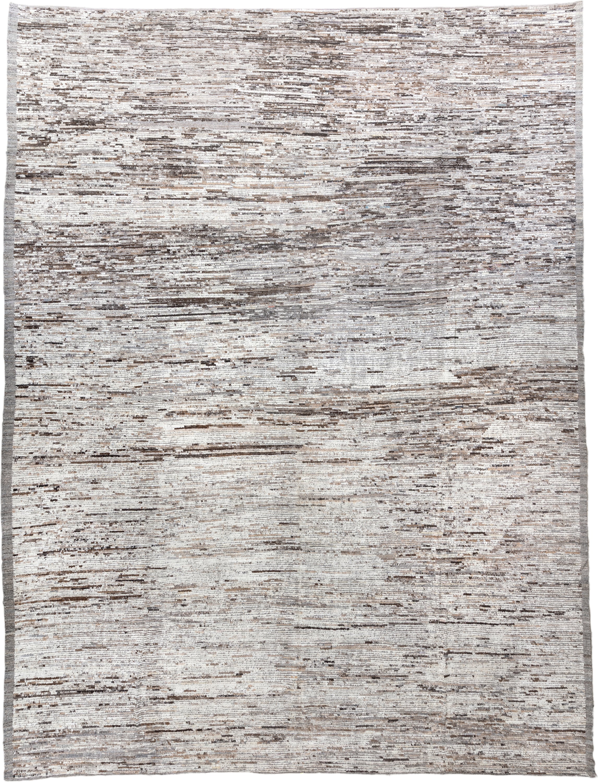 14' x 19' one-of-a-kind handmade vintage Tulu oversize rug. Color palette: ivory, taupe, brown, beige, gray