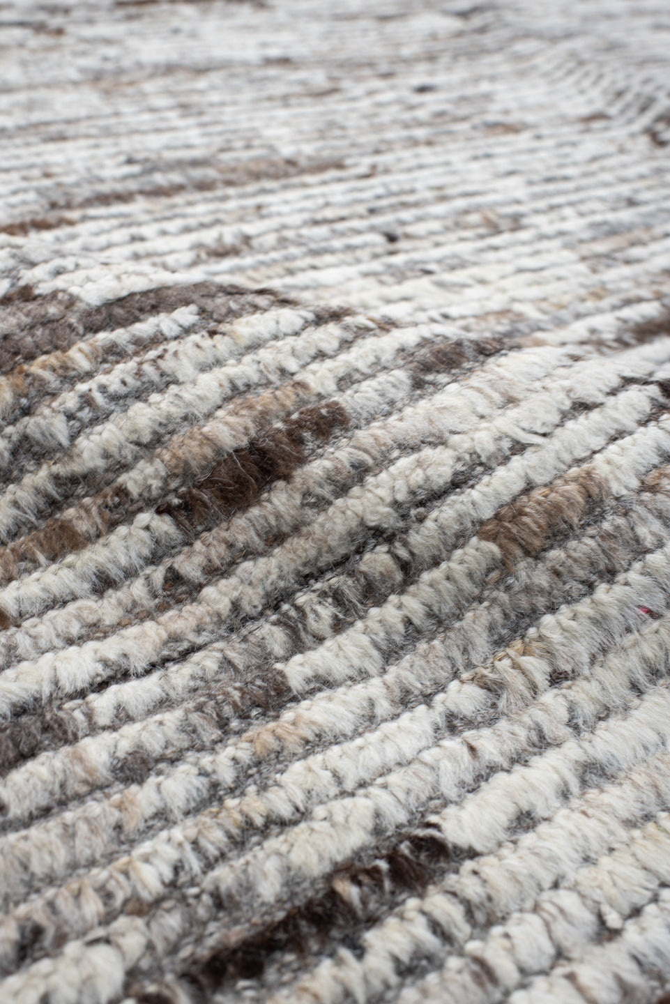 14' x 19' one-of-a-kind handmade vintage Tulu oversize rug. Color palette: ivory, taupe, brown, beige, gray