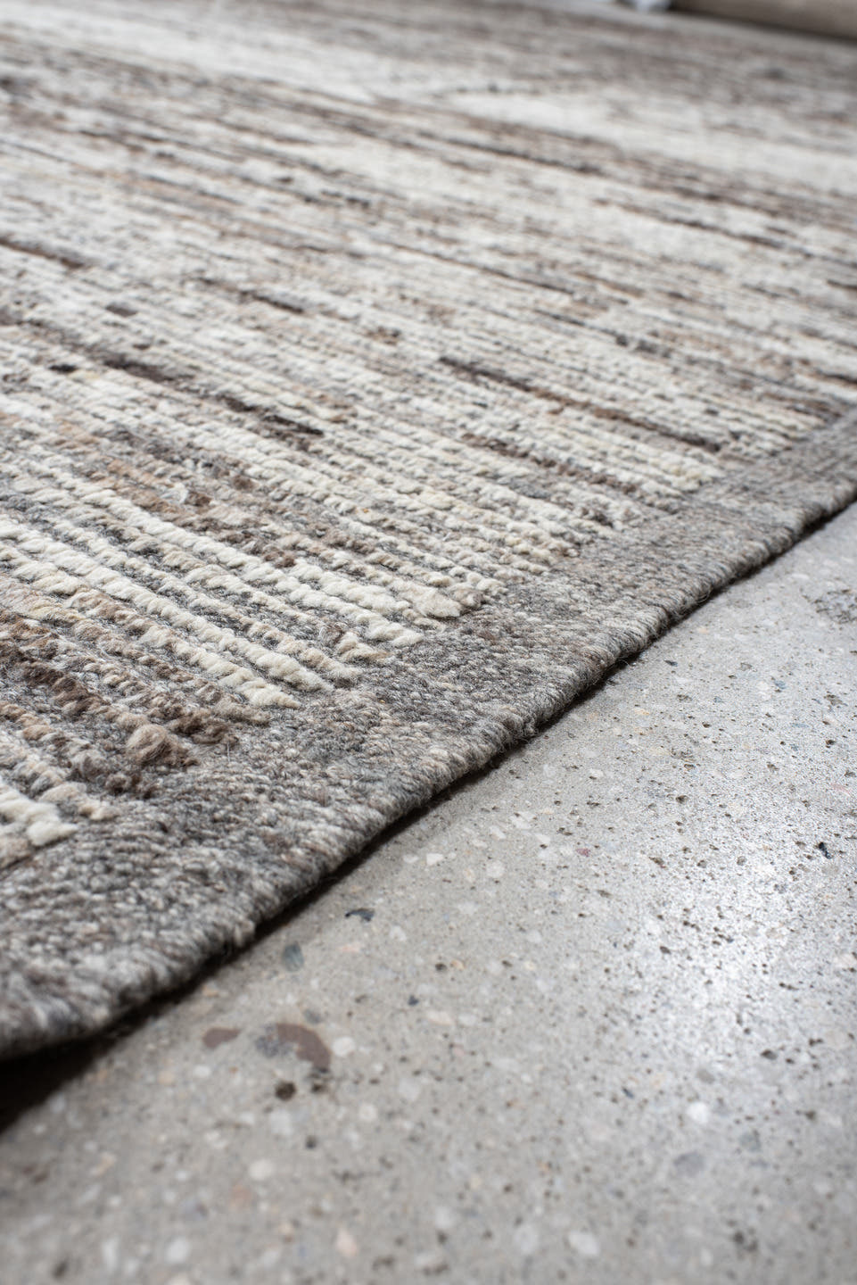 14' x 19' one-of-a-kind handmade vintage Tulu oversize rug. Color palette: ivory, taupe, brown, beige, gray