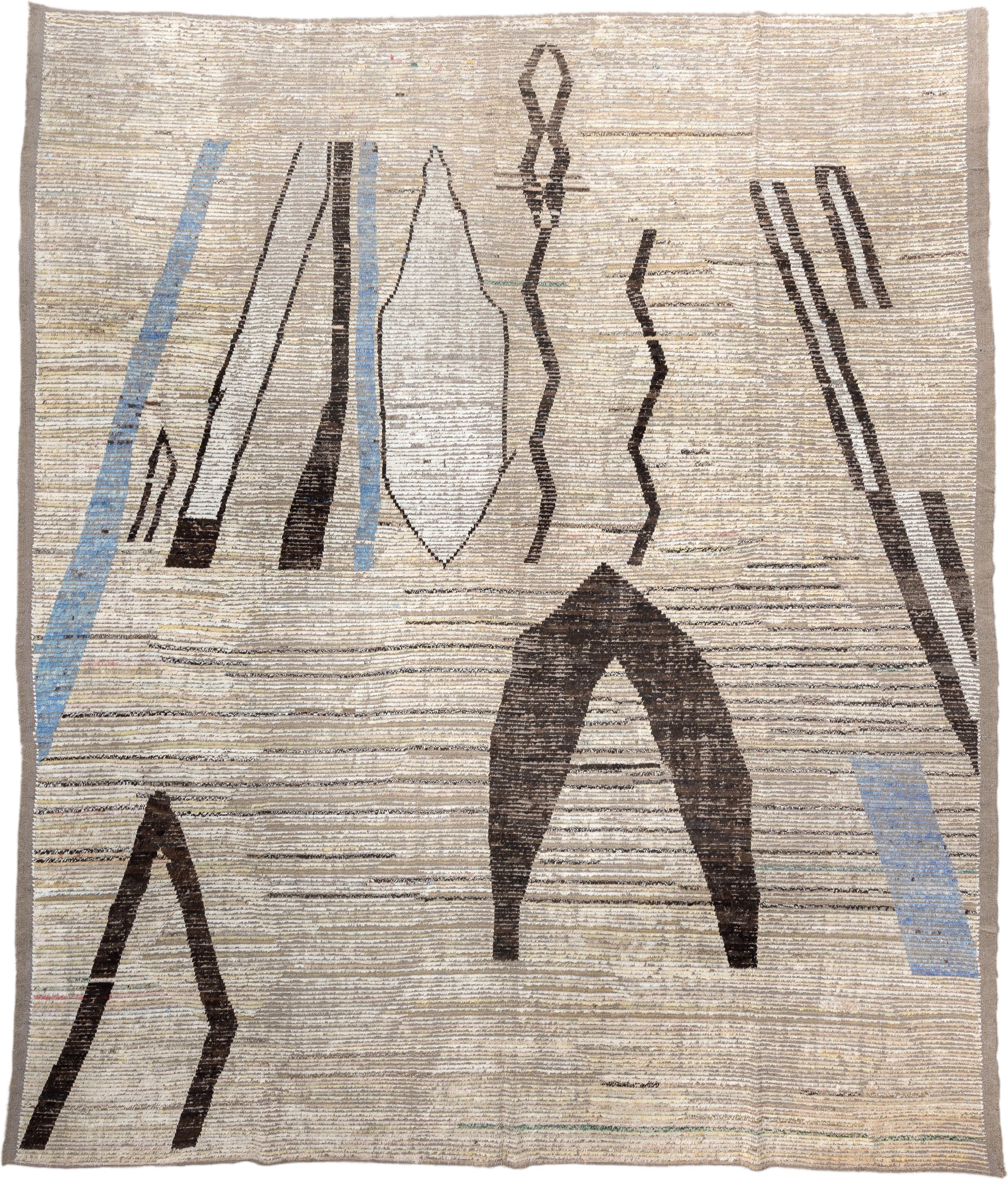 12' x 15' one-of-a-kind handmade vintage Tulu oversize rug. Color palette: ivory, taupe, charcoal, sky_blue, gray, beige