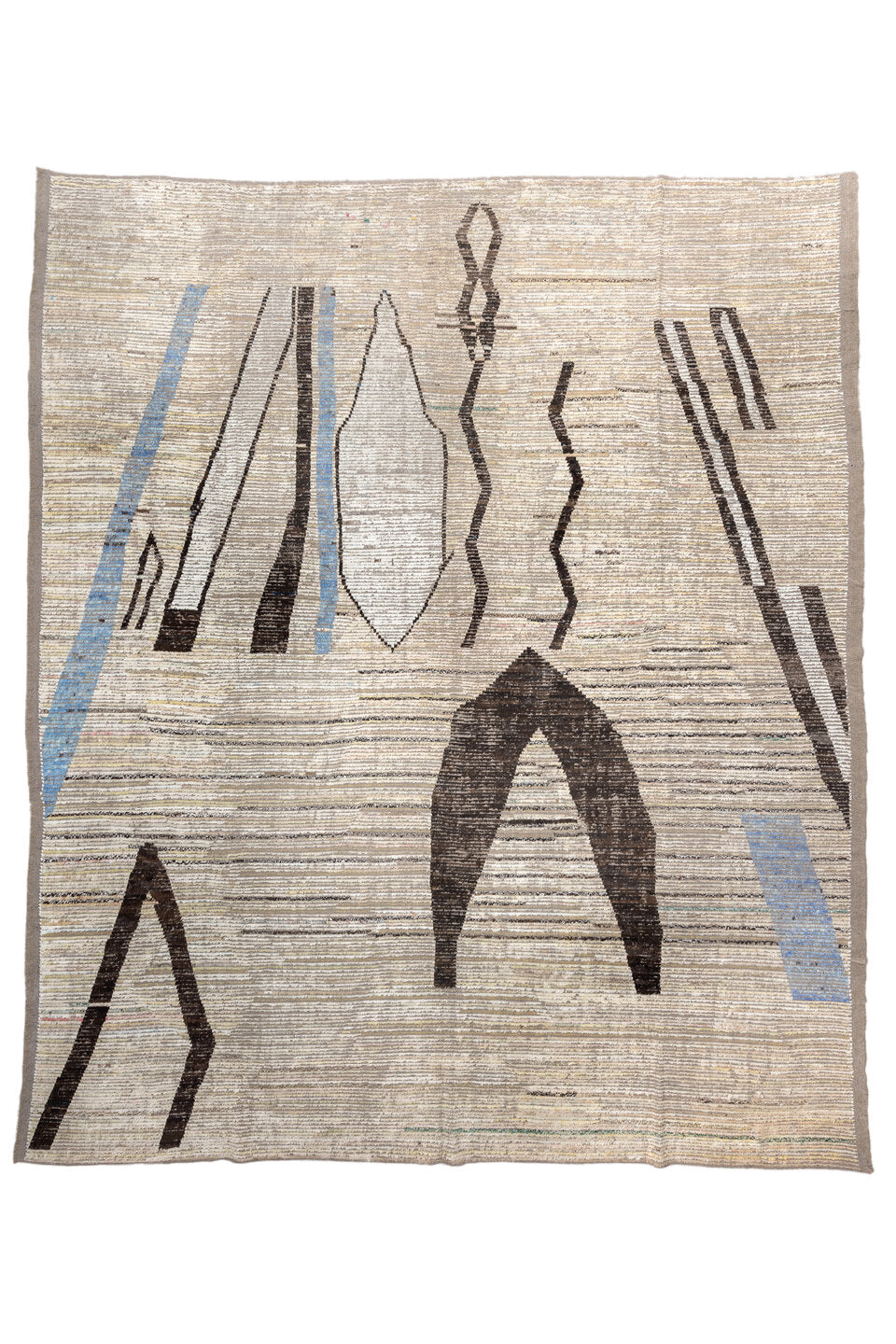 12' x 15' one-of-a-kind handmade vintage Tulu oversize rug. Color palette: blue, brown, floral white, gray, light blue