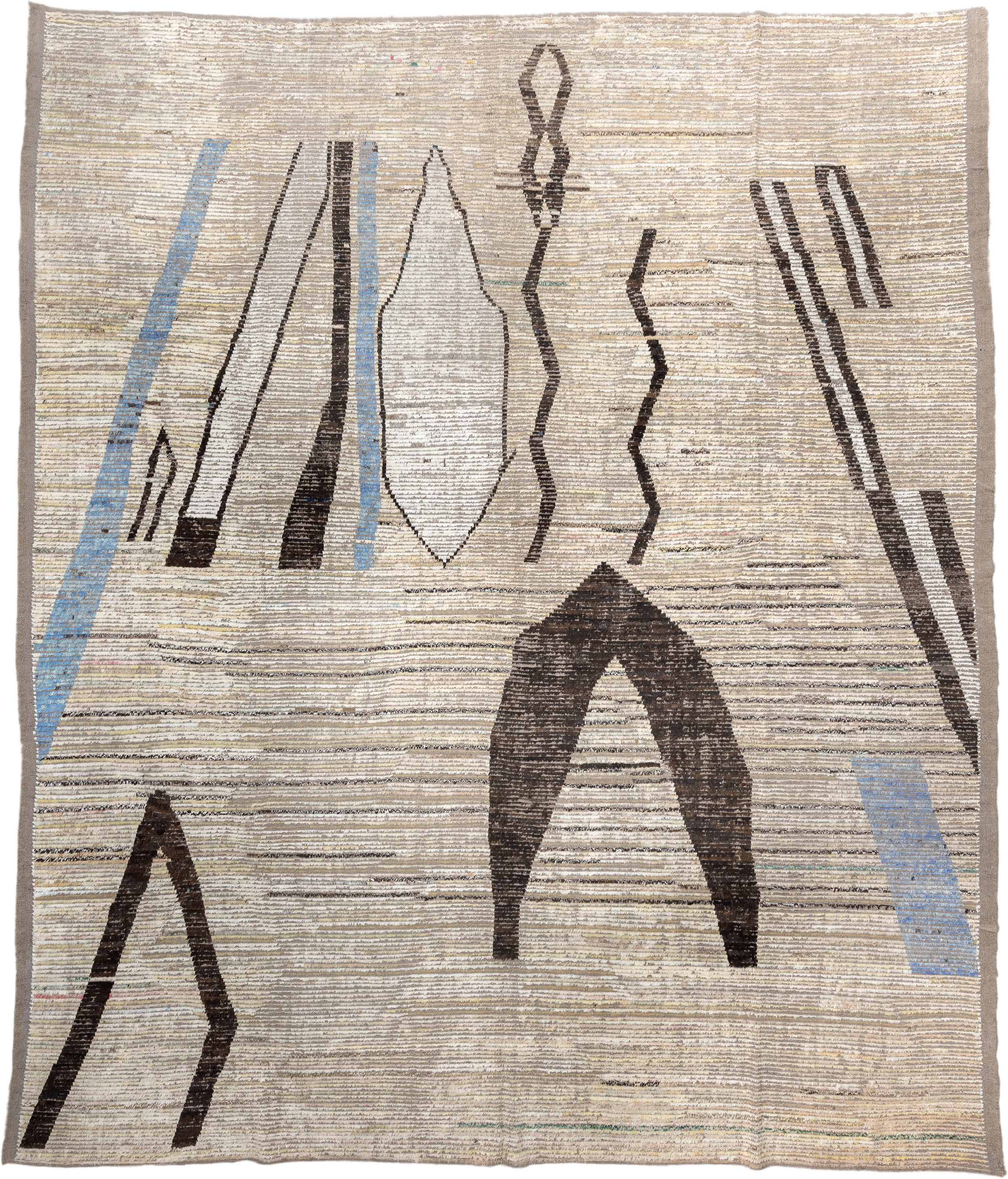12' x 15' one-of-a-kind handmade vintage Tulu oversize rug. Color palette: ivory, taupe, charcoal, sky_blue, gray, beige