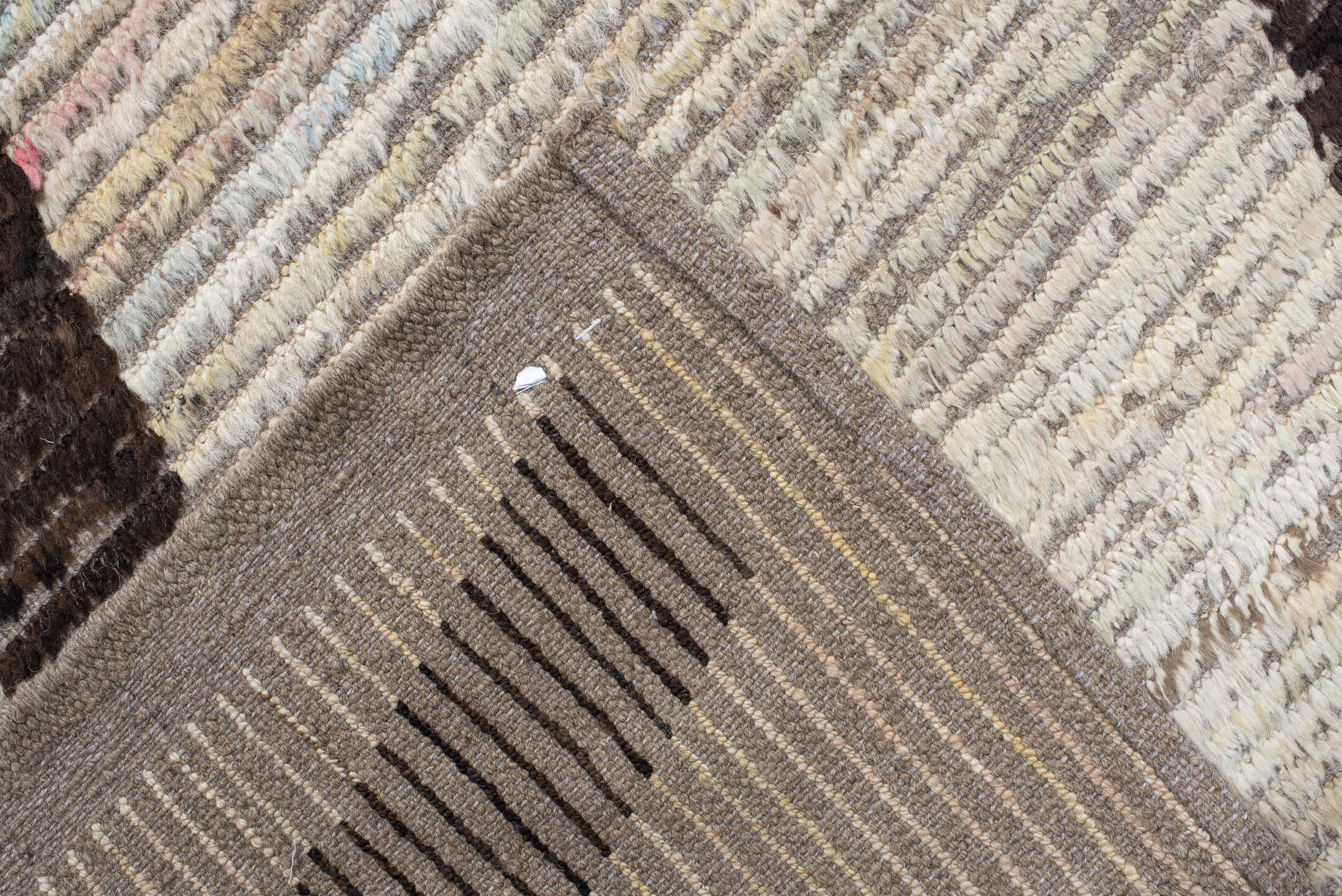 12' x 15' one-of-a-kind handmade vintage Tulu oversize rug. Color palette: ivory, taupe, charcoal, sky_blue, gray, beige