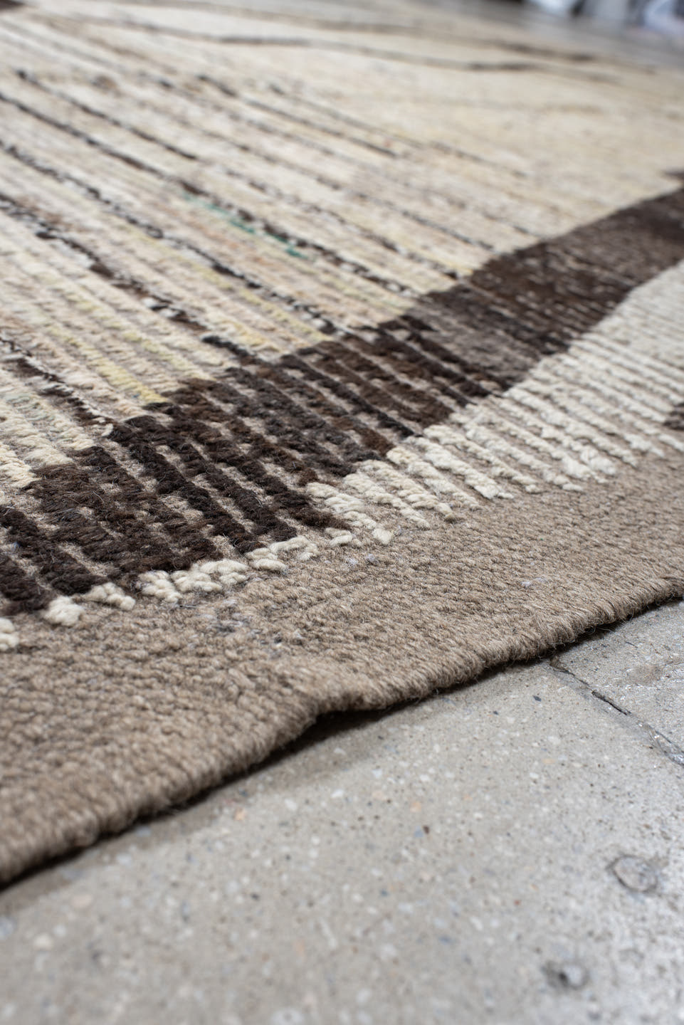 12' x 15' one-of-a-kind handmade vintage Tulu oversize rug. Color palette: ivory, taupe, charcoal, sky_blue, gray, beige