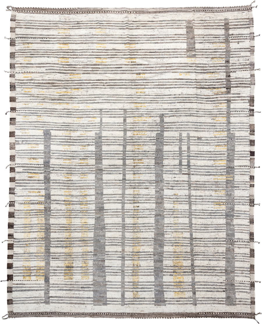 12' x 15' one-of-a-kind handmade vintage Tulu oversize rug. Color palette: ivory, gray, charcoal, gold, taupe, black, beige