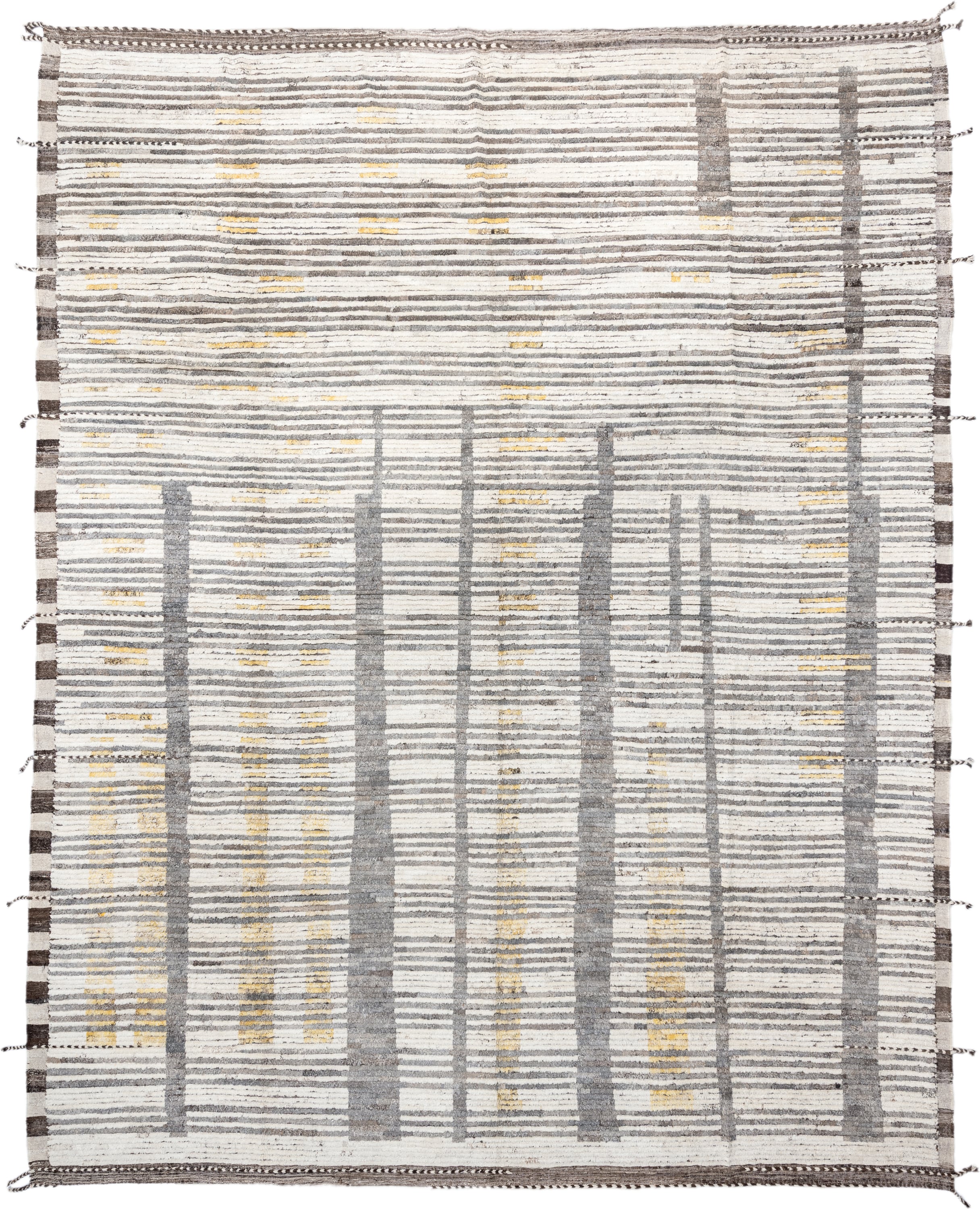 12' x 15' one-of-a-kind handmade vintage Tulu oversize rug. Color palette: ivory, gray, charcoal, gold, taupe, black, beige